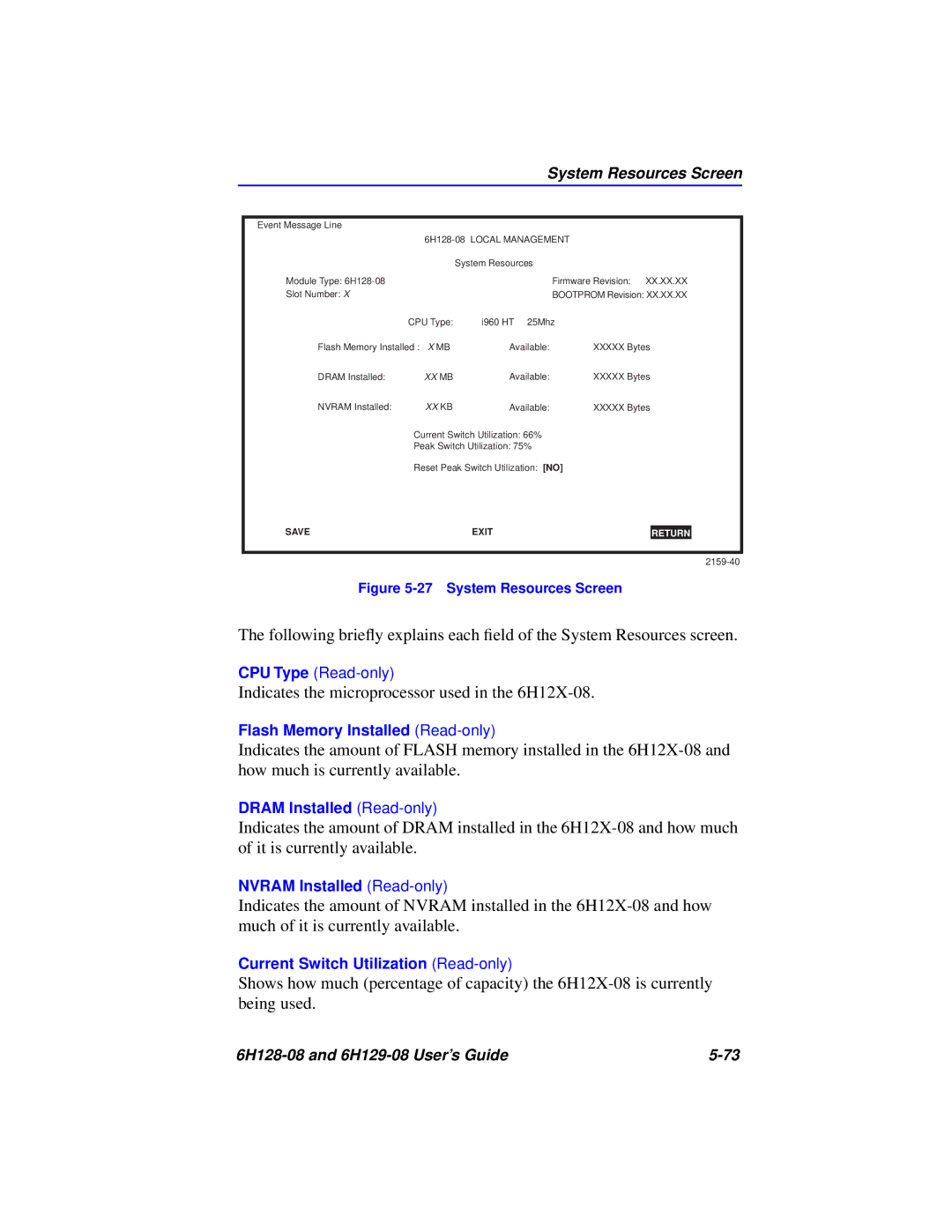 Cabletron Systems 6H128-08, 6H129-08 manual System Resources Screen, Xx Kb 