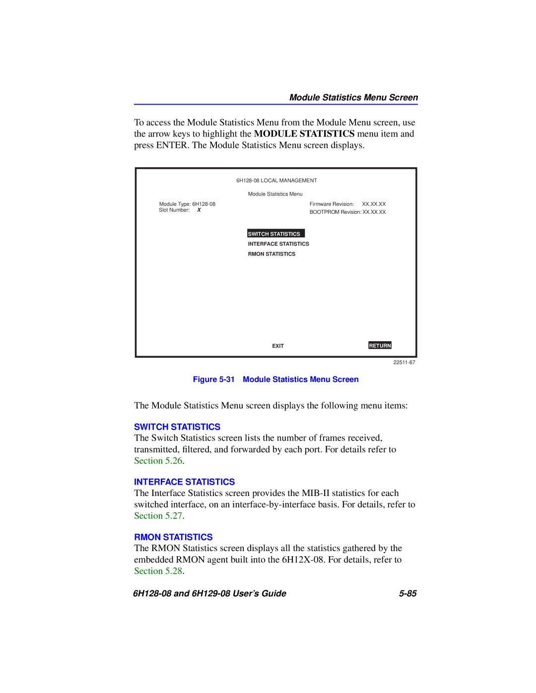 Cabletron Systems 6H128-08, 6H129-08 manual Module Statistics Menu Screen 