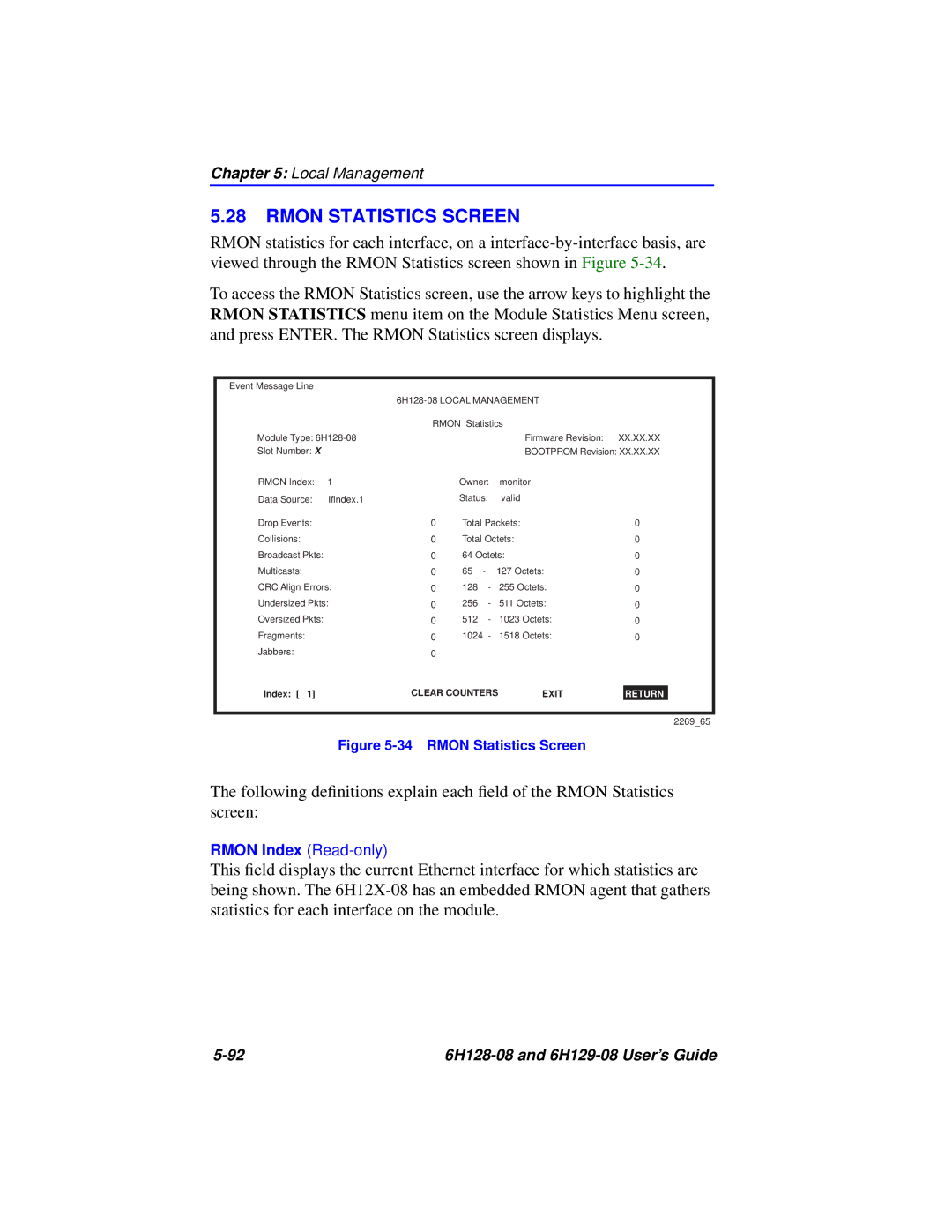 Cabletron Systems 6H129-08, 6H128-08 manual Rmon Statistics Screen 