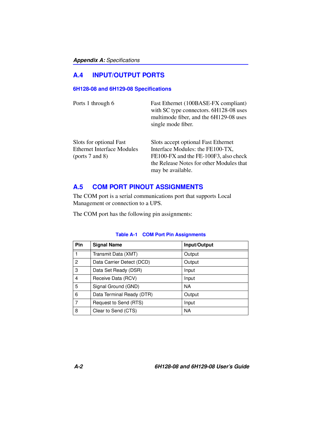 Cabletron Systems 6H129-08, 6H128-08 manual INPUT/OUTPUT Ports, COM Port Pinout Assignments 