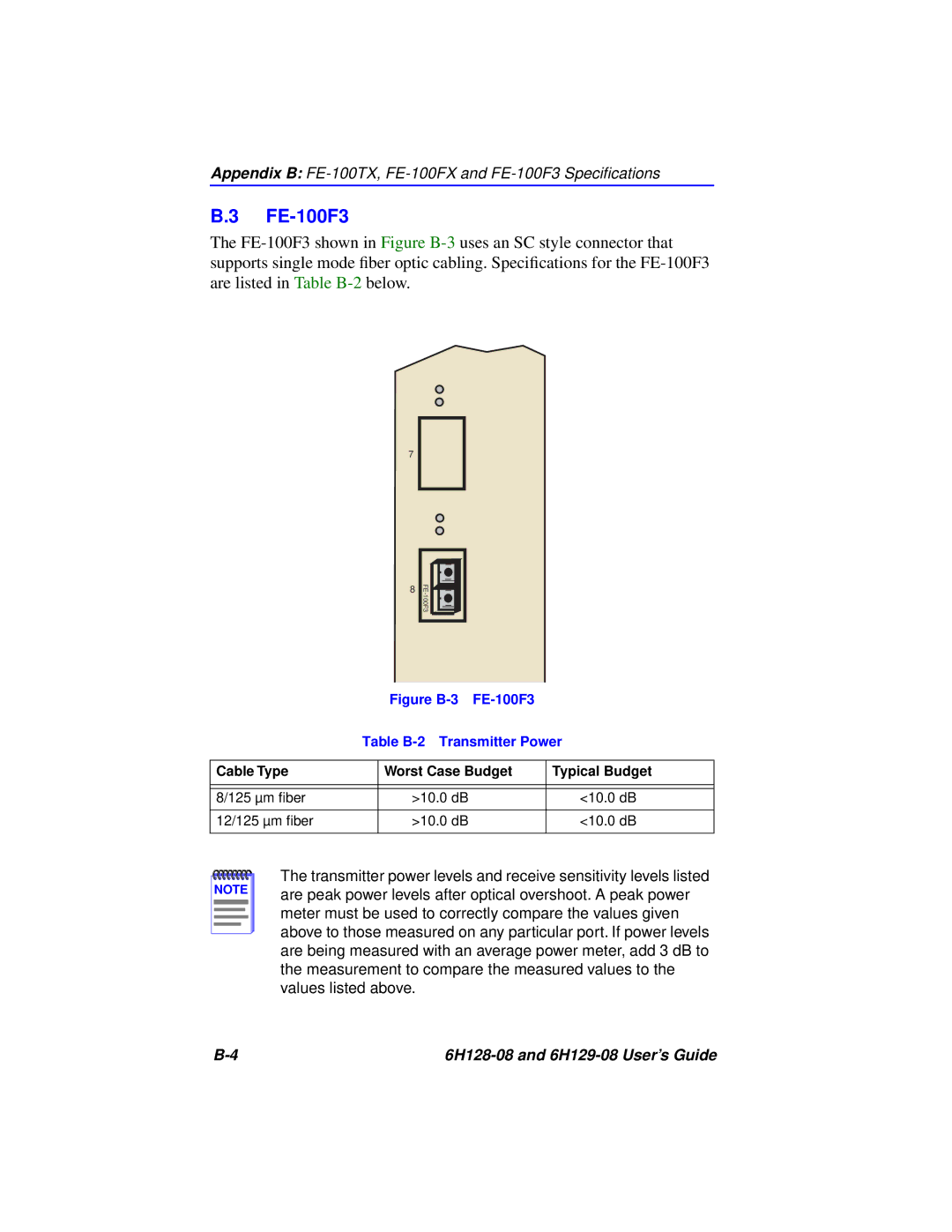 Cabletron Systems 6H129-08, 6H128-08 manual Figure B-3 FE-100F3 Table B-2 Transmitter Power 