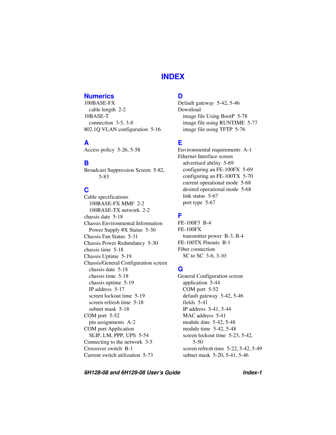 Cabletron Systems manual Numerics, 6H128-08 and 6H129-08 User’s Guide Index-1 