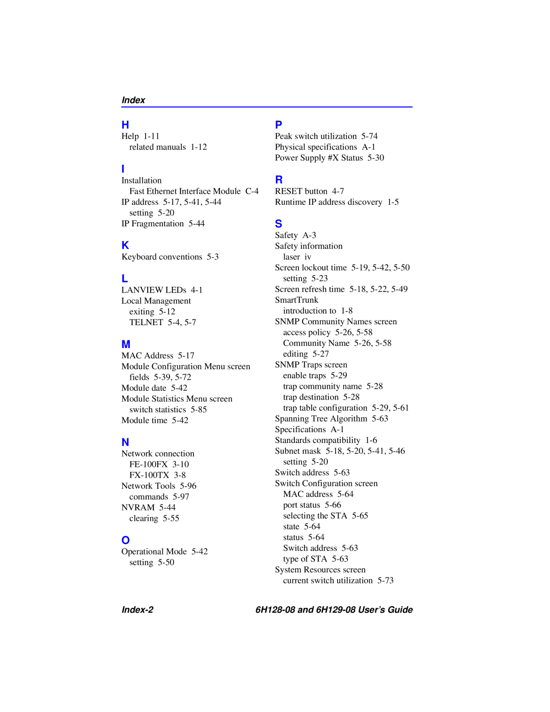 Cabletron Systems manual Index-2 6H128-08 and 6H129-08 User’s Guide 