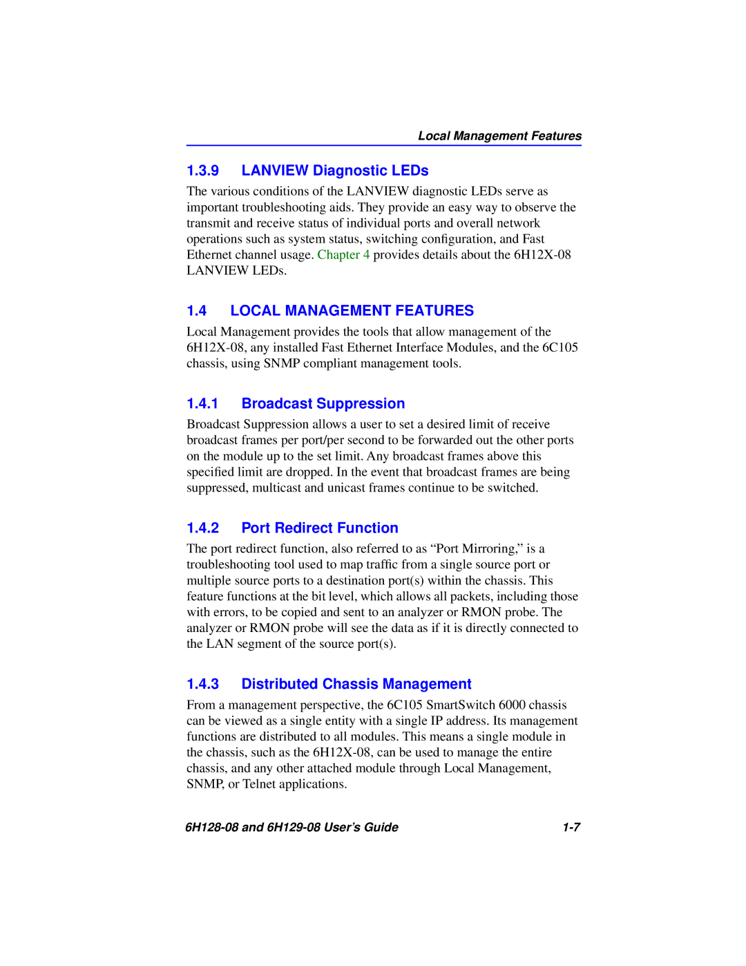 Cabletron Systems 6H128-08, 6H129-08 manual Lanview Diagnostic LEDs, Local Management Features, Broadcast Suppression 