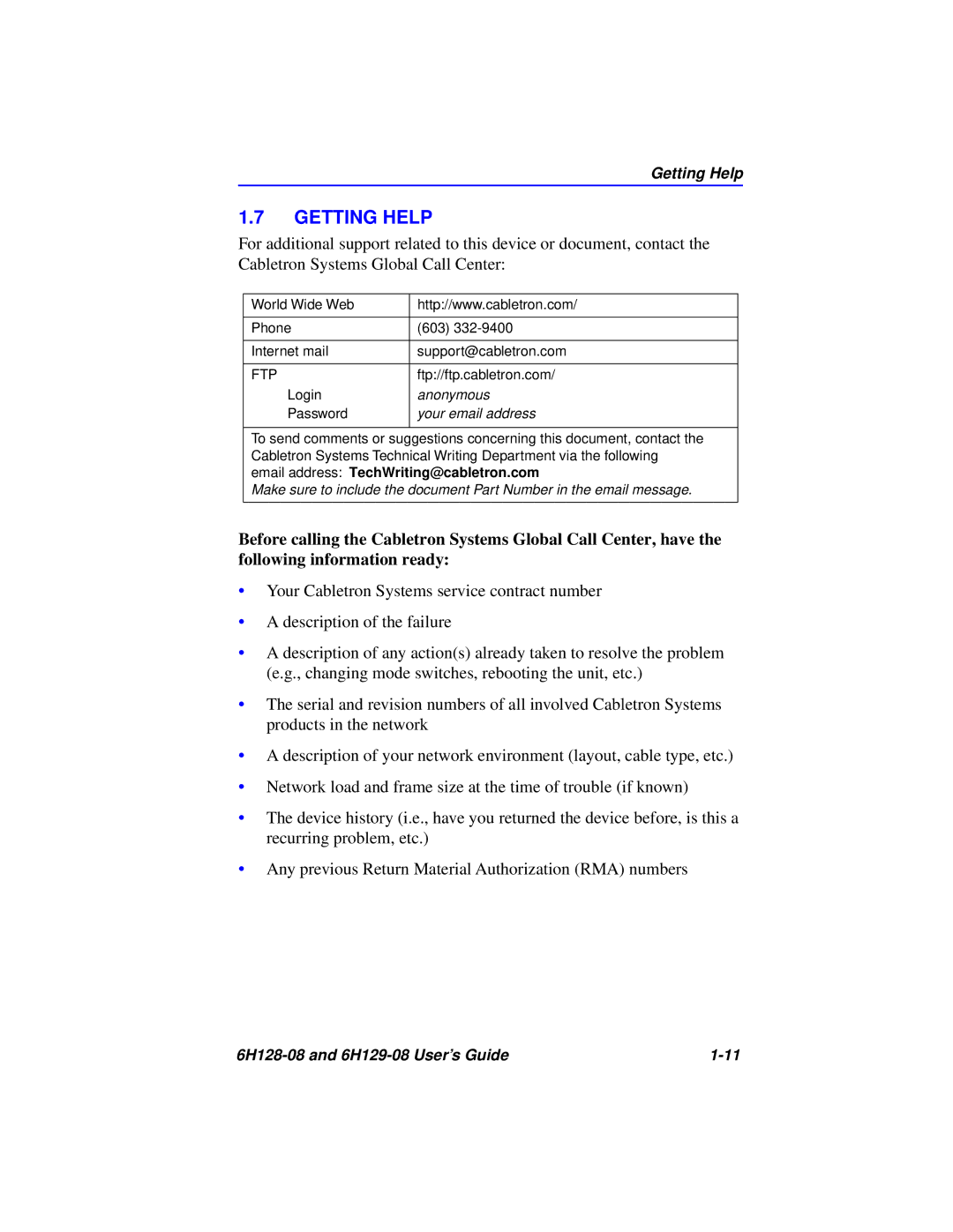 Cabletron Systems 6H128-08, 6H129-08 manual Getting Help 