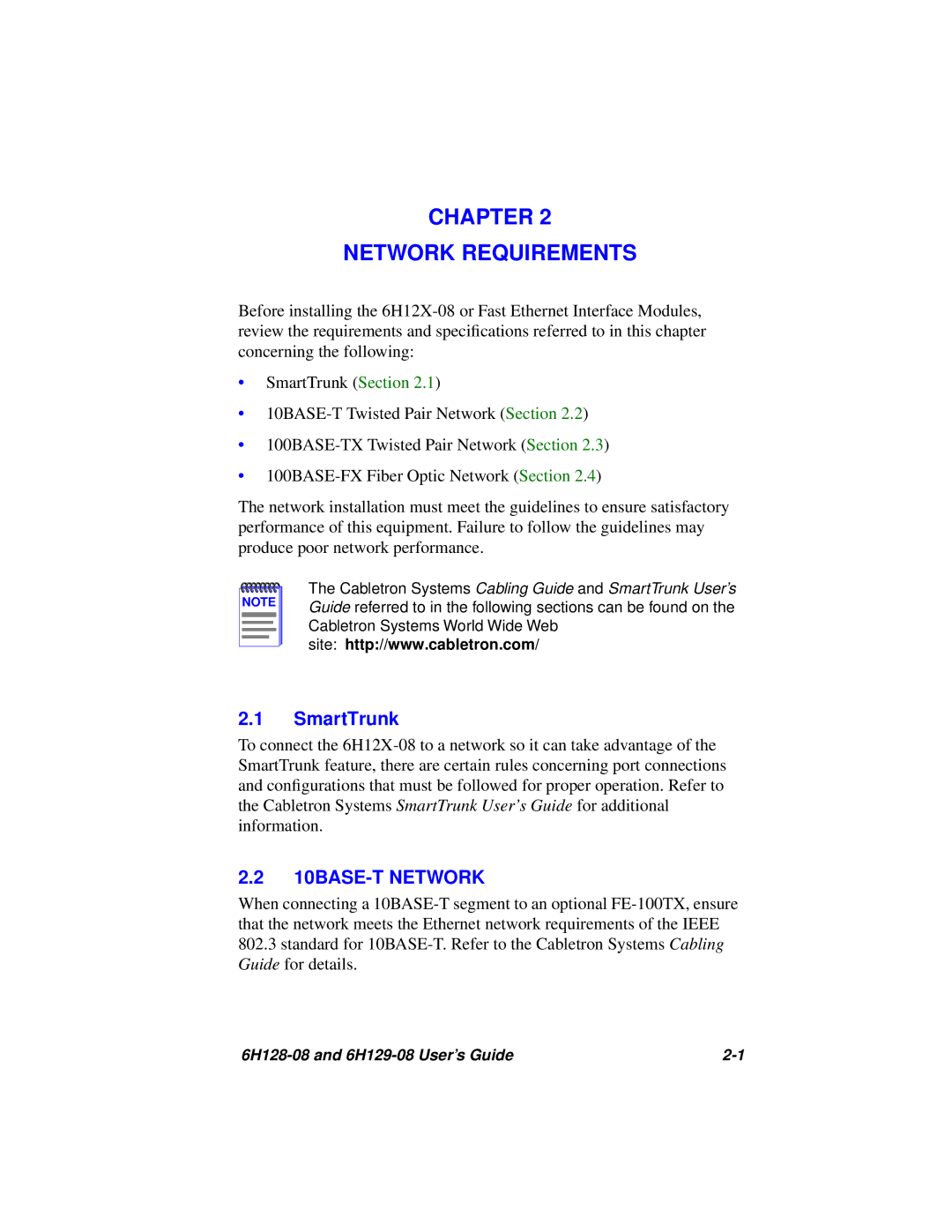 Cabletron Systems 6H128-08, 6H129-08 manual Chapter Network Requirements, 10BASE-T Network 