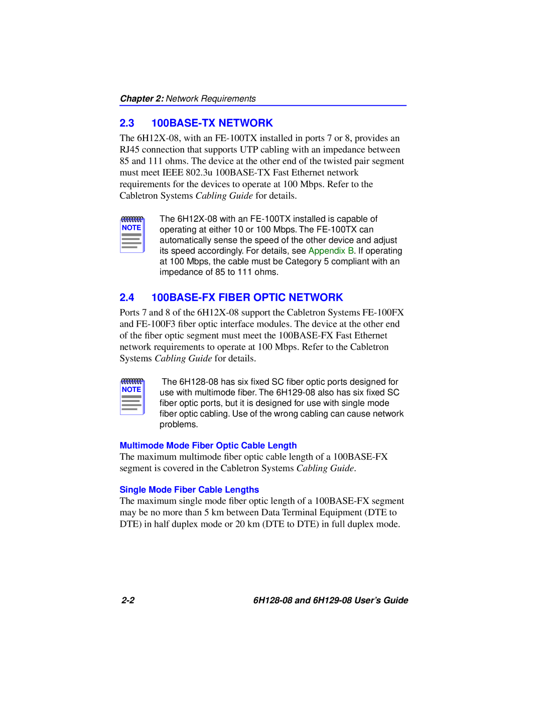 Cabletron Systems 6H129-08, 6H128-08 manual 100BASE-TX Network, 100BASE-FX Fiber Optic Network 