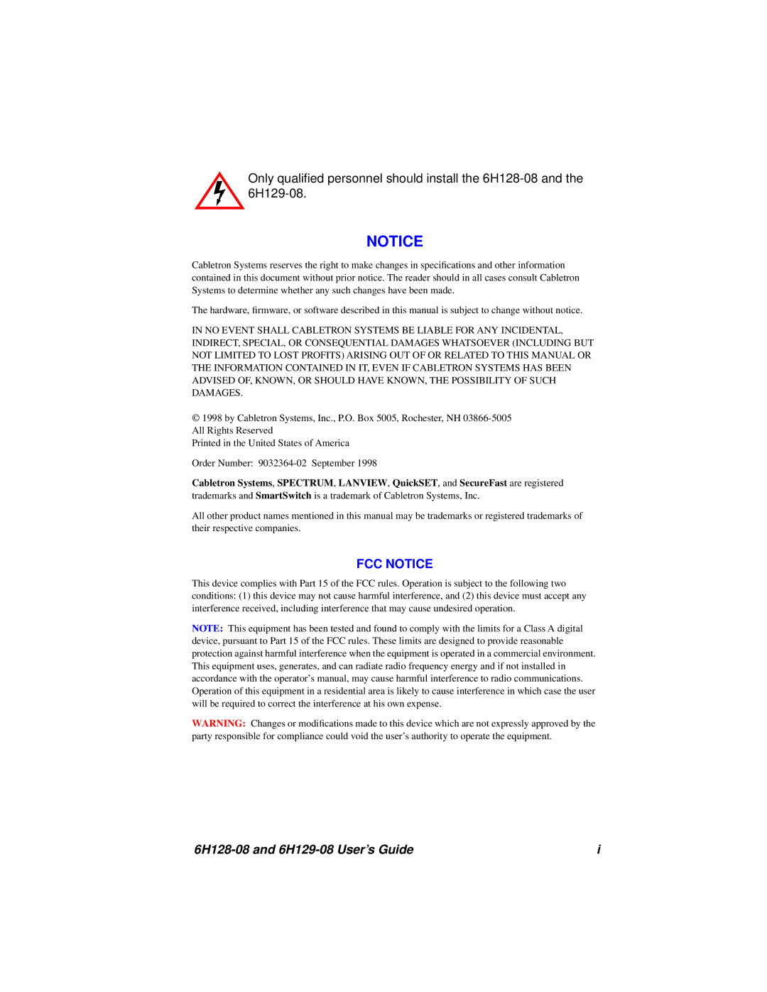 Cabletron Systems manual FCC Notice, 6H128-08 and 6H129-08 User’s Guide 