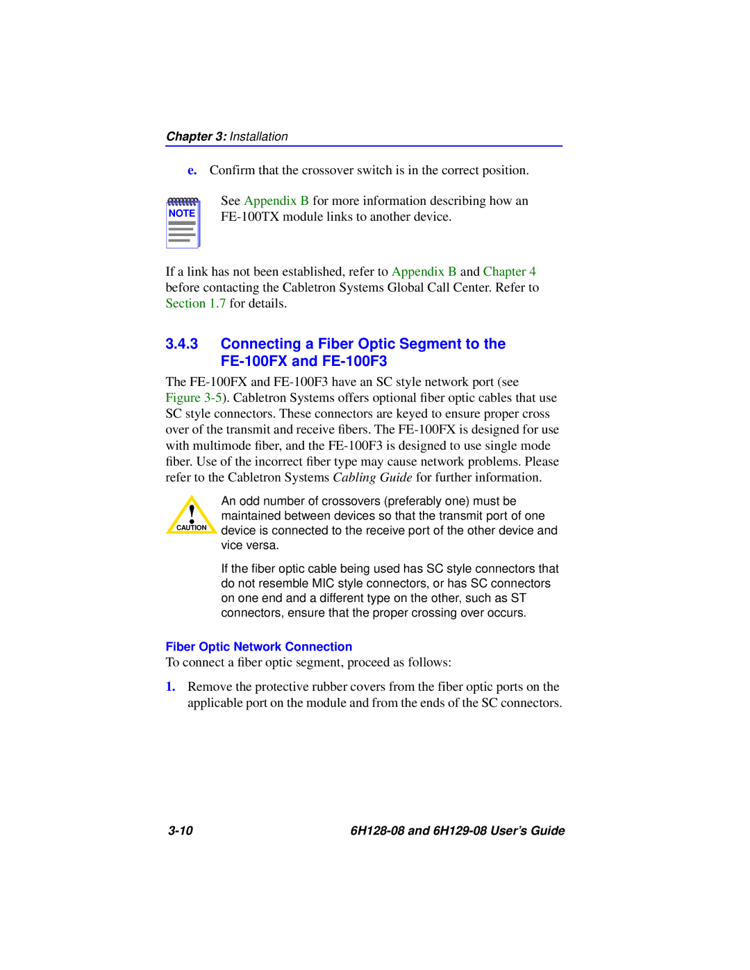 Cabletron Systems 6H129-08, 6H128-08 manual Fiber Optic Network Connection 