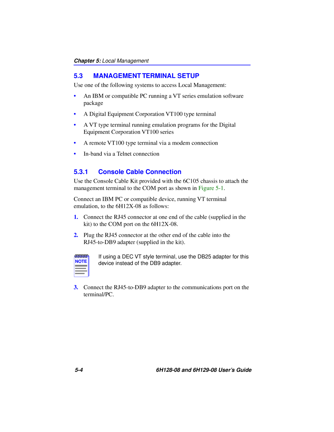 Cabletron Systems 6H129-08, 6H128-08 manual Management Terminal Setup, Console Cable Connection 