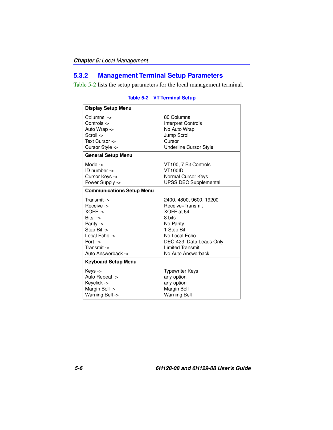 Cabletron Systems 6H129-08, 6H128-08 manual Management Terminal Setup Parameters, VT Terminal Setup 