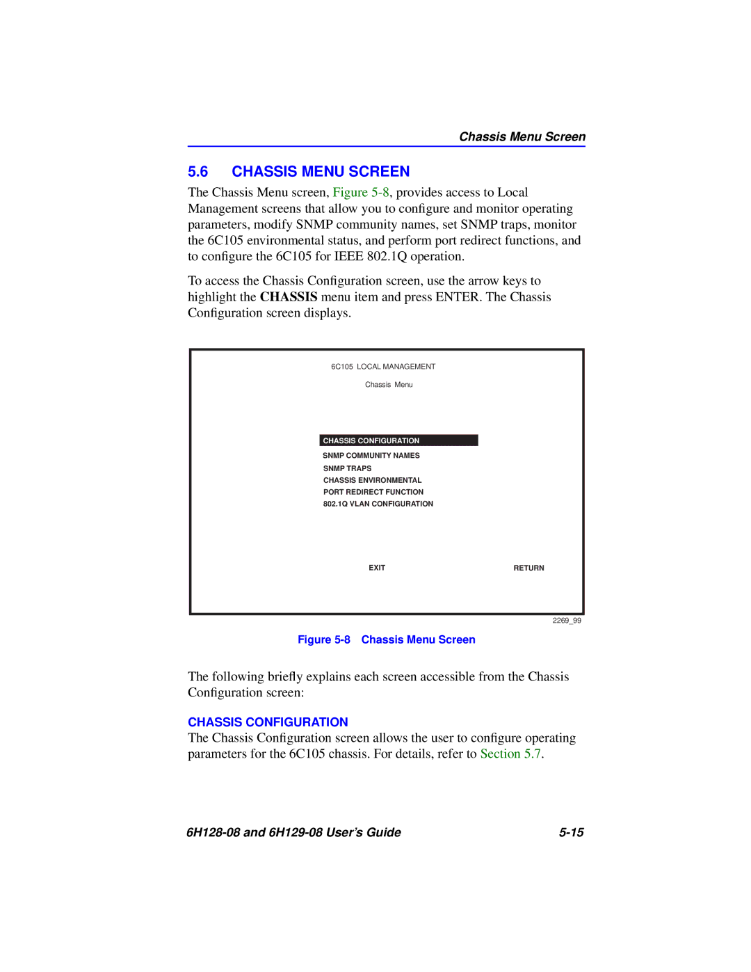 Cabletron Systems 6H128-08, 6H129-08 manual Chassis Menu Screen 