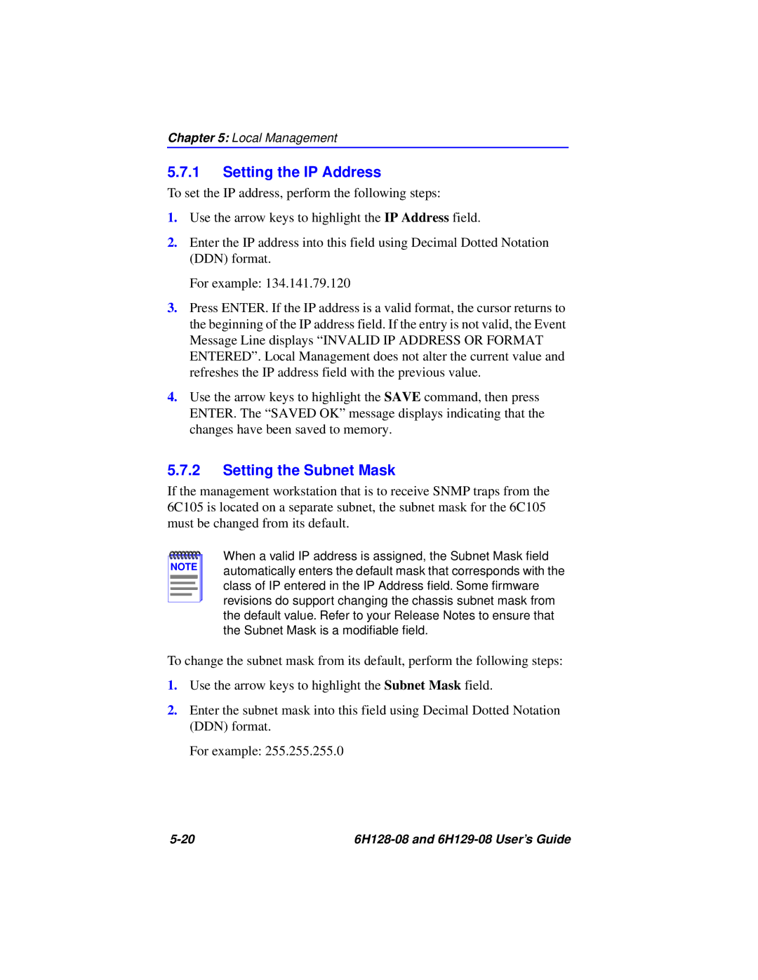 Cabletron Systems 6H129-08, 6H128-08 manual Setting the IP Address, Setting the Subnet Mask 