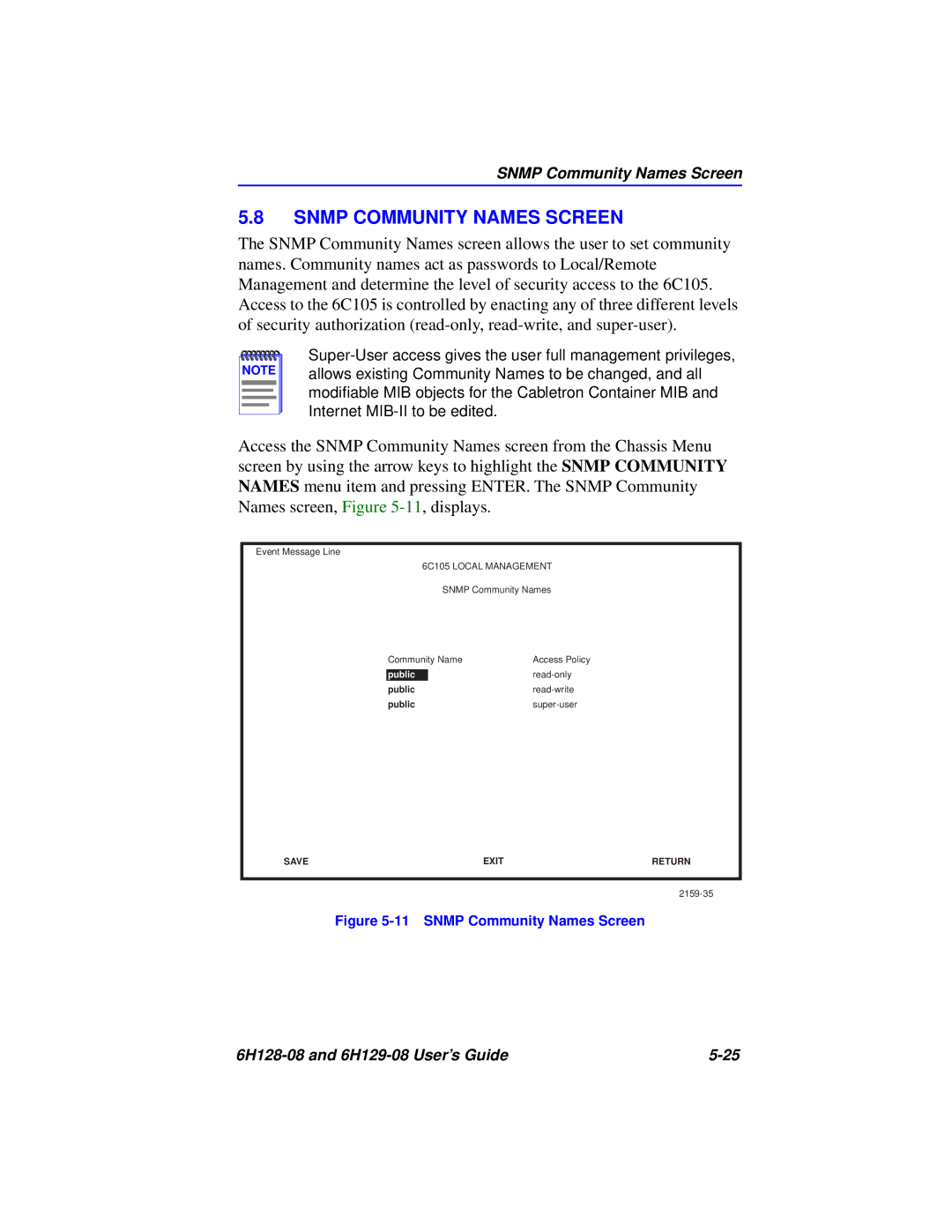 Cabletron Systems 6H128-08, 6H129-08 manual Snmp Community Names Screen 