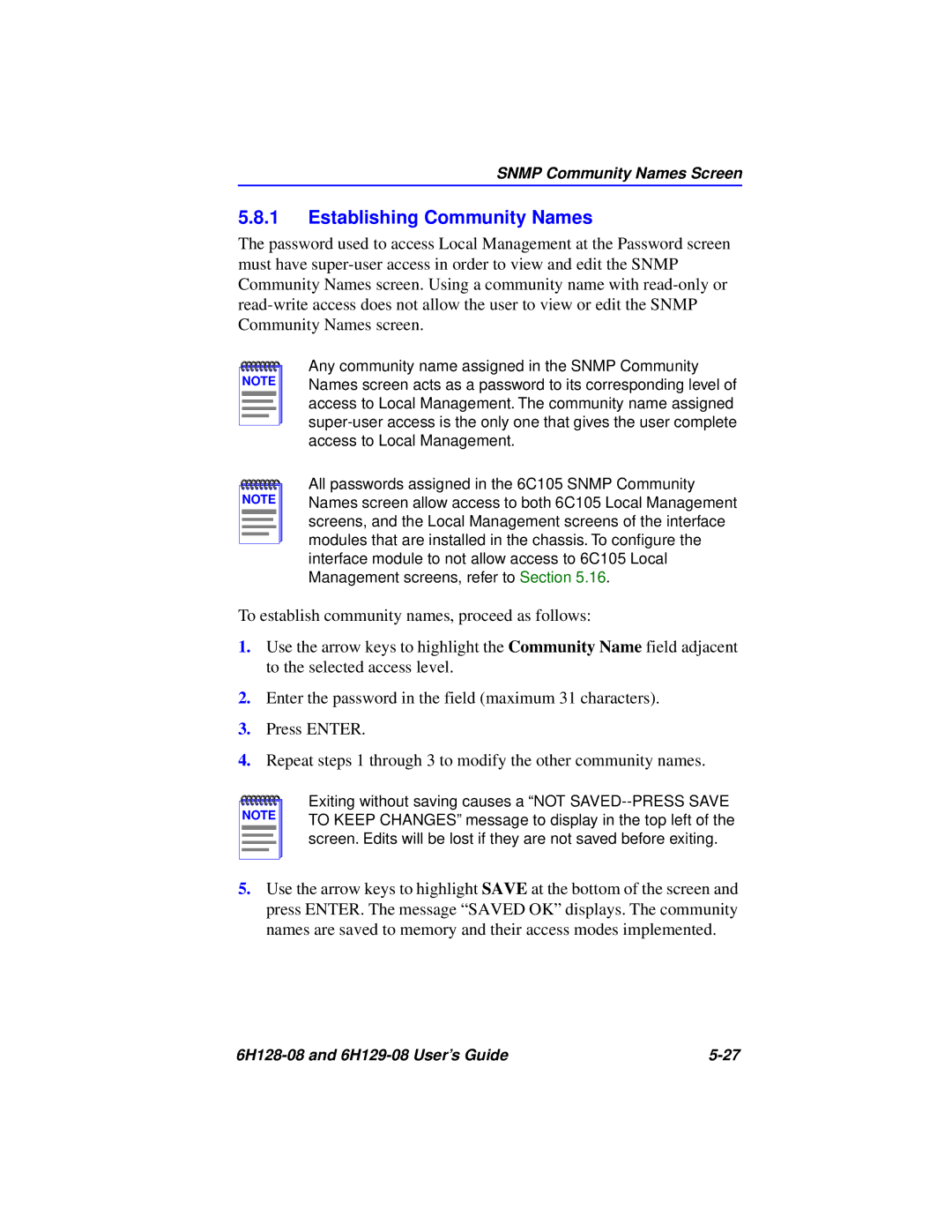 Cabletron Systems 6H128-08, 6H129-08 manual Establishing Community Names 