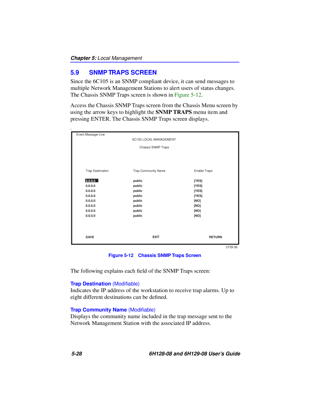 Cabletron Systems 6H129-08, 6H128-08 manual Chassis Snmp Traps Screen 
