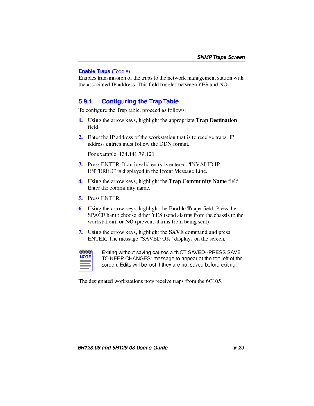 Cabletron Systems 6H128-08, 6H129-08 manual 1 Conﬁguring the Trap Table, Snmp Traps Screen 