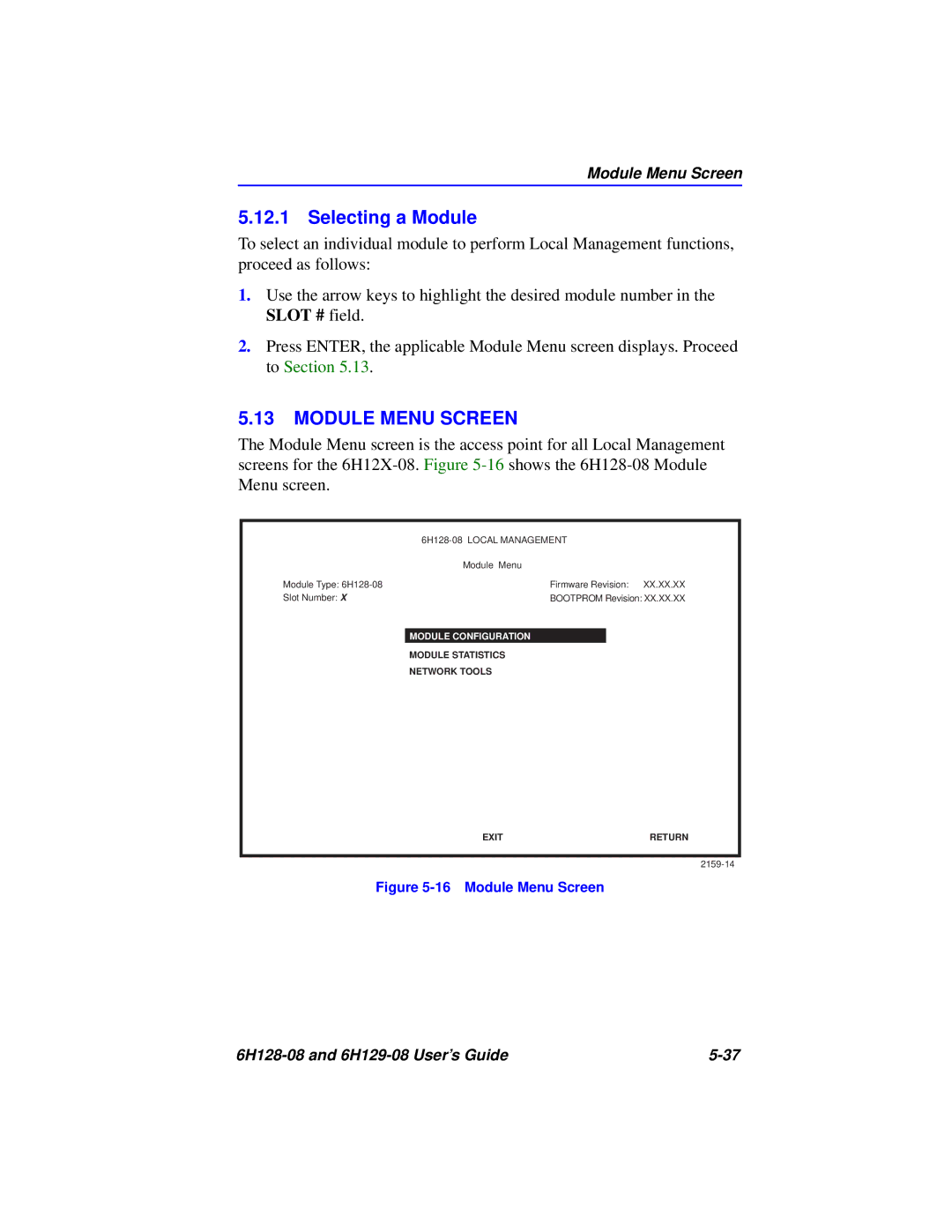 Cabletron Systems 6H128-08, 6H129-08 manual Selecting a Module, Module Menu Screen 