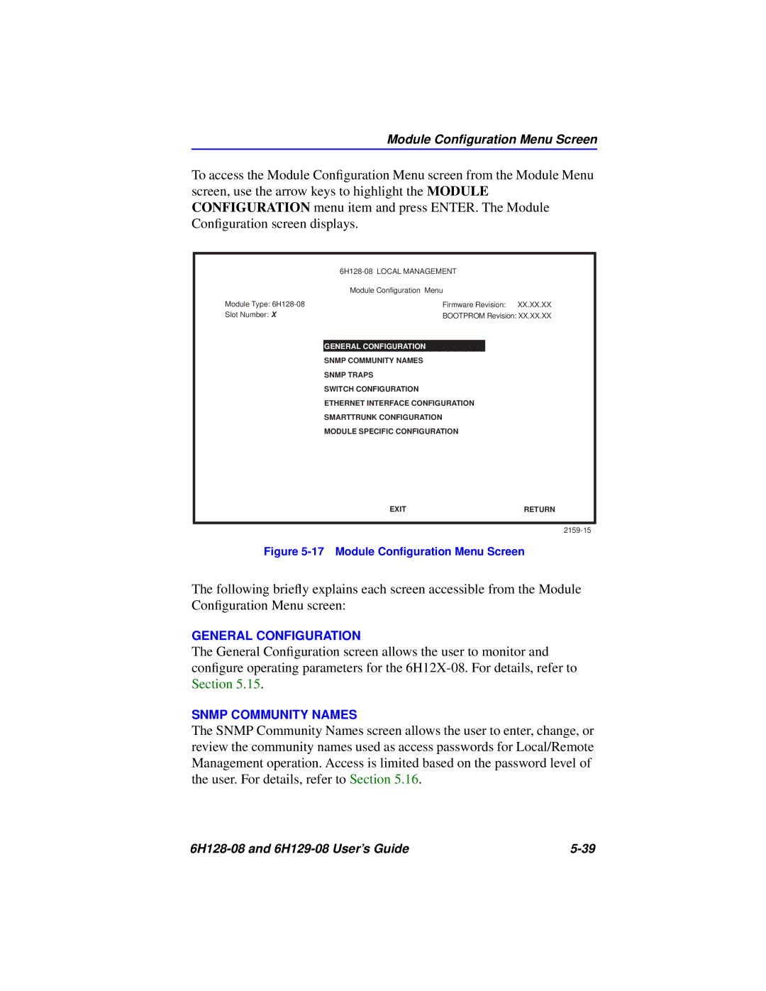 Cabletron Systems 6H128-08, 6H129-08 manual Module Conﬁguration Menu Screen, General Configuration 