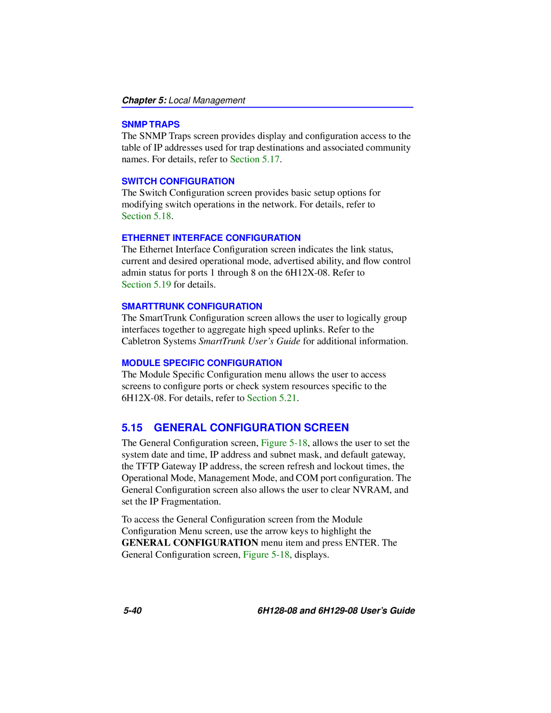 Cabletron Systems 6H129-08, 6H128-08 manual General Configuration Screen, for details 