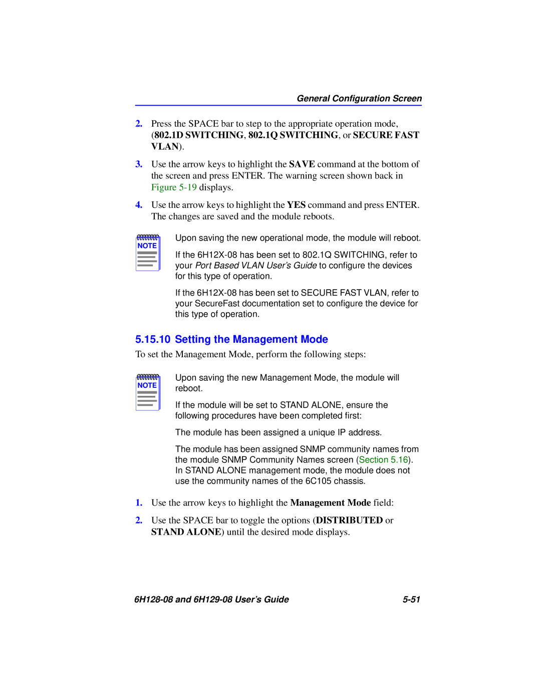 Cabletron Systems 6H128-08, 6H129-08 Setting the Management Mode, 802.1D SWITCHING, 802.1Q SWITCHING, or Secure Fast Vlan 