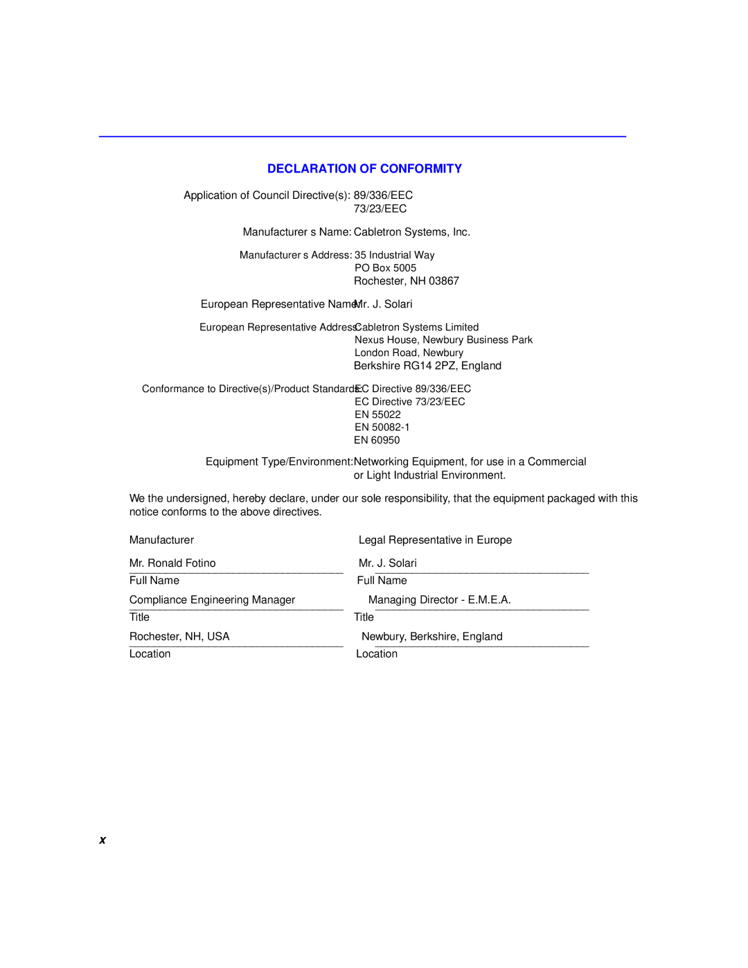 Cabletron Systems 6H259-17, 6H258-17 manual Declaration of Conformity 