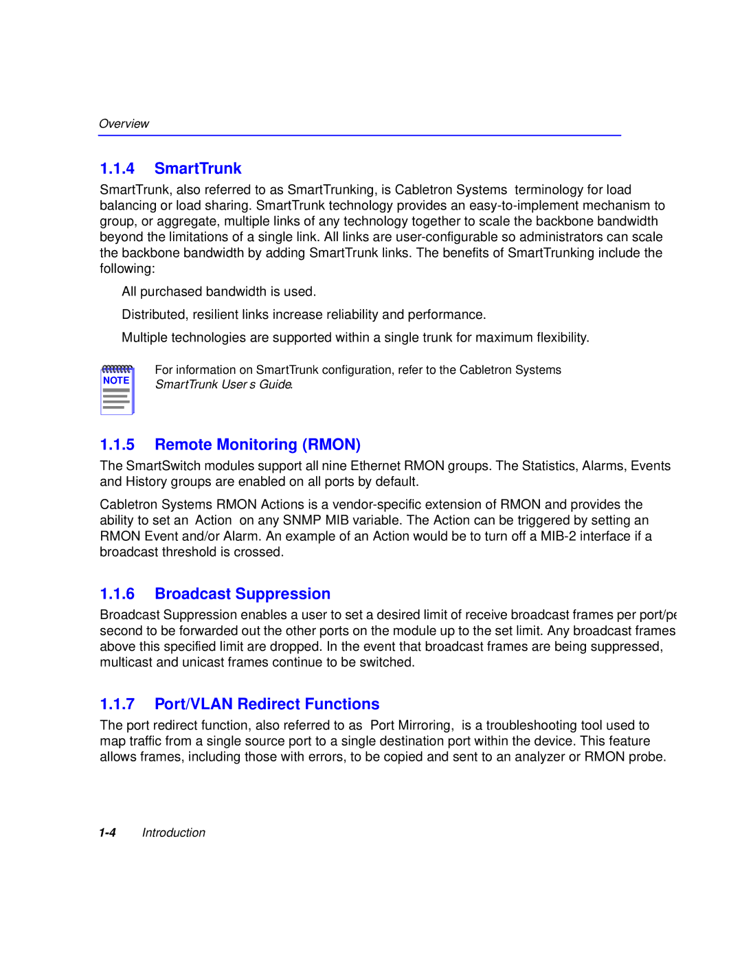 Cabletron Systems 6H259-17 manual SmartTrunk, Remote Monitoring Rmon, Broadcast Suppression, Port/VLAN Redirect Functions 