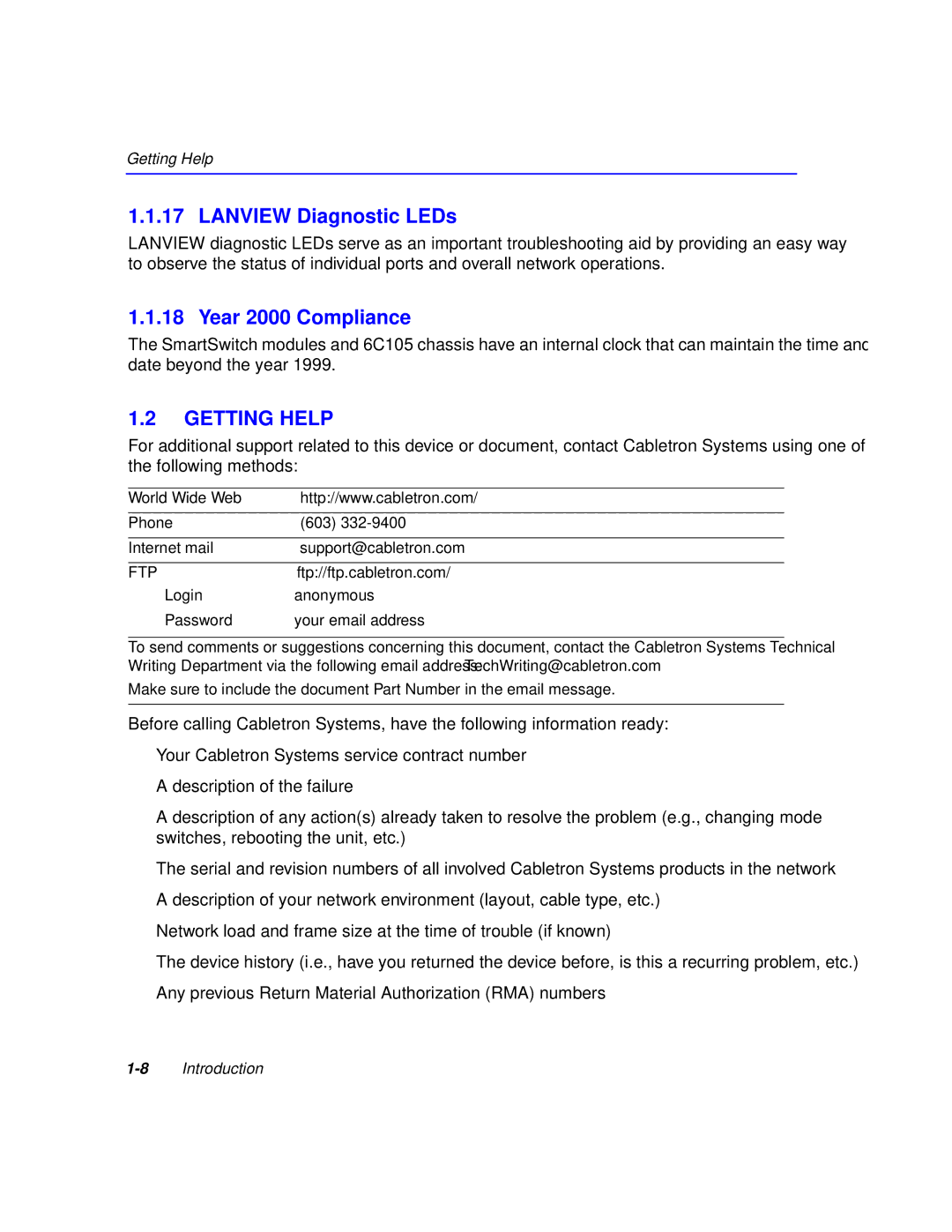 Cabletron Systems 6H259-17, 6H258-17 manual Lanview Diagnostic LEDs, Year 2000 Compliance, Getting Help 