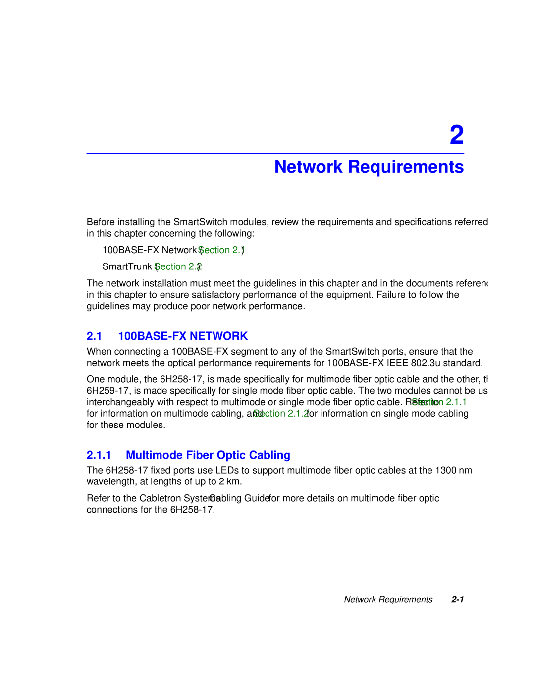 Cabletron Systems 6H258-17, 6H259-17 manual Network Requirements, 100BASE-FX Network, Multimode Fiber Optic Cabling 