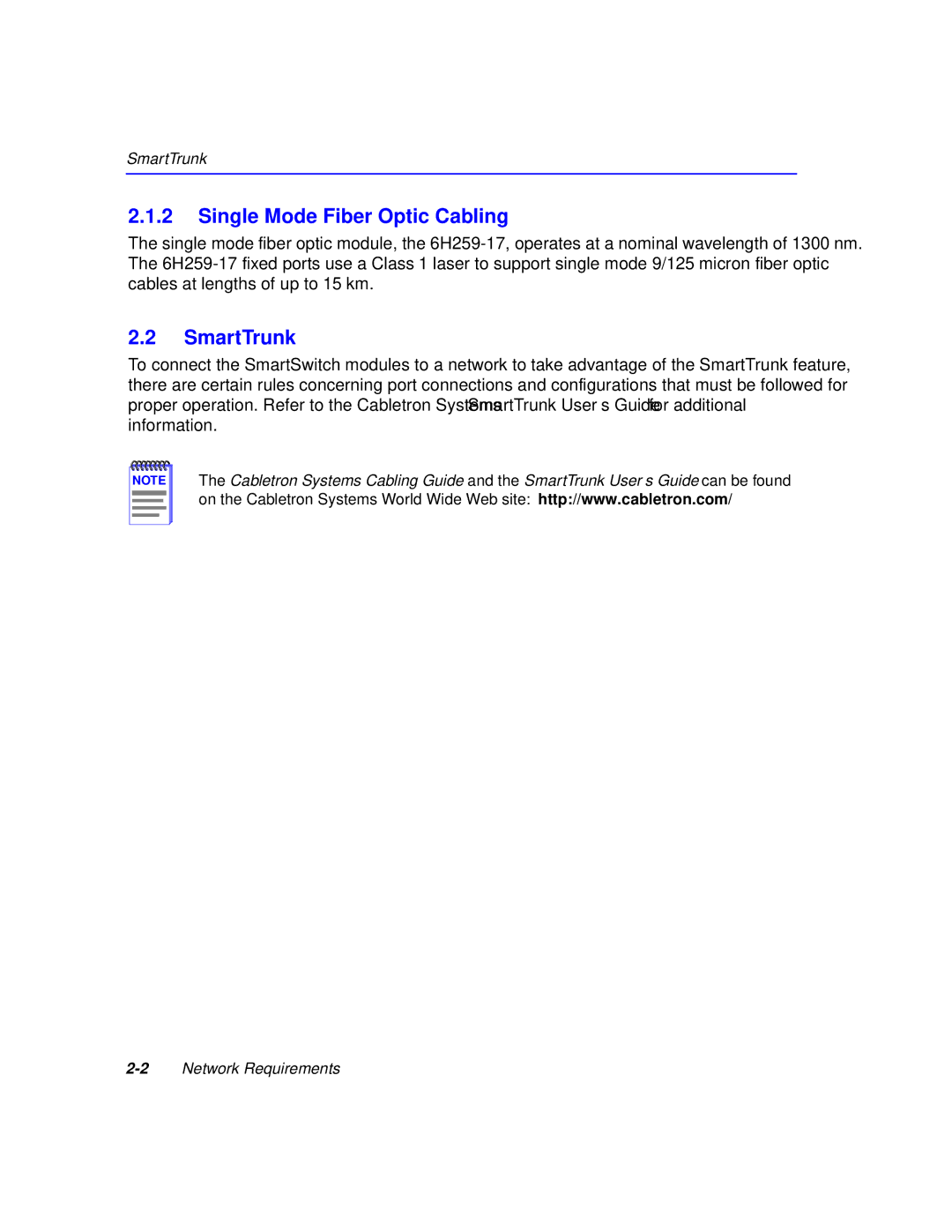 Cabletron Systems 6H259-17, 6H258-17 manual Single Mode Fiber Optic Cabling, SmartTrunk 