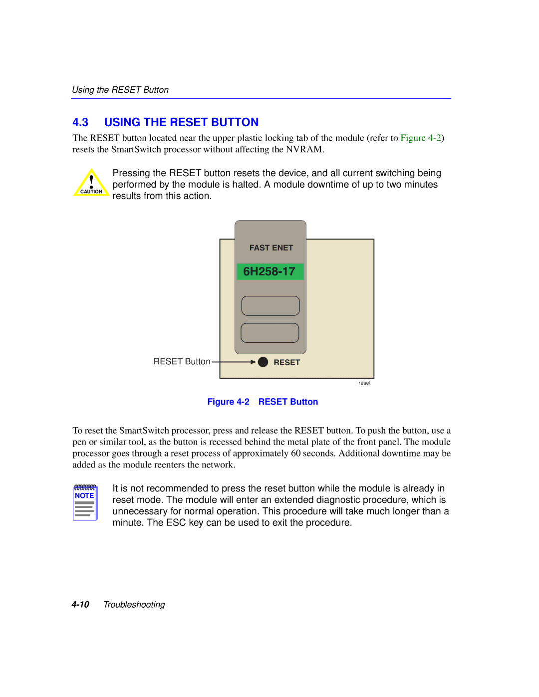 Cabletron Systems 6H259-17 manual 6H258-17, Using the Reset Button 