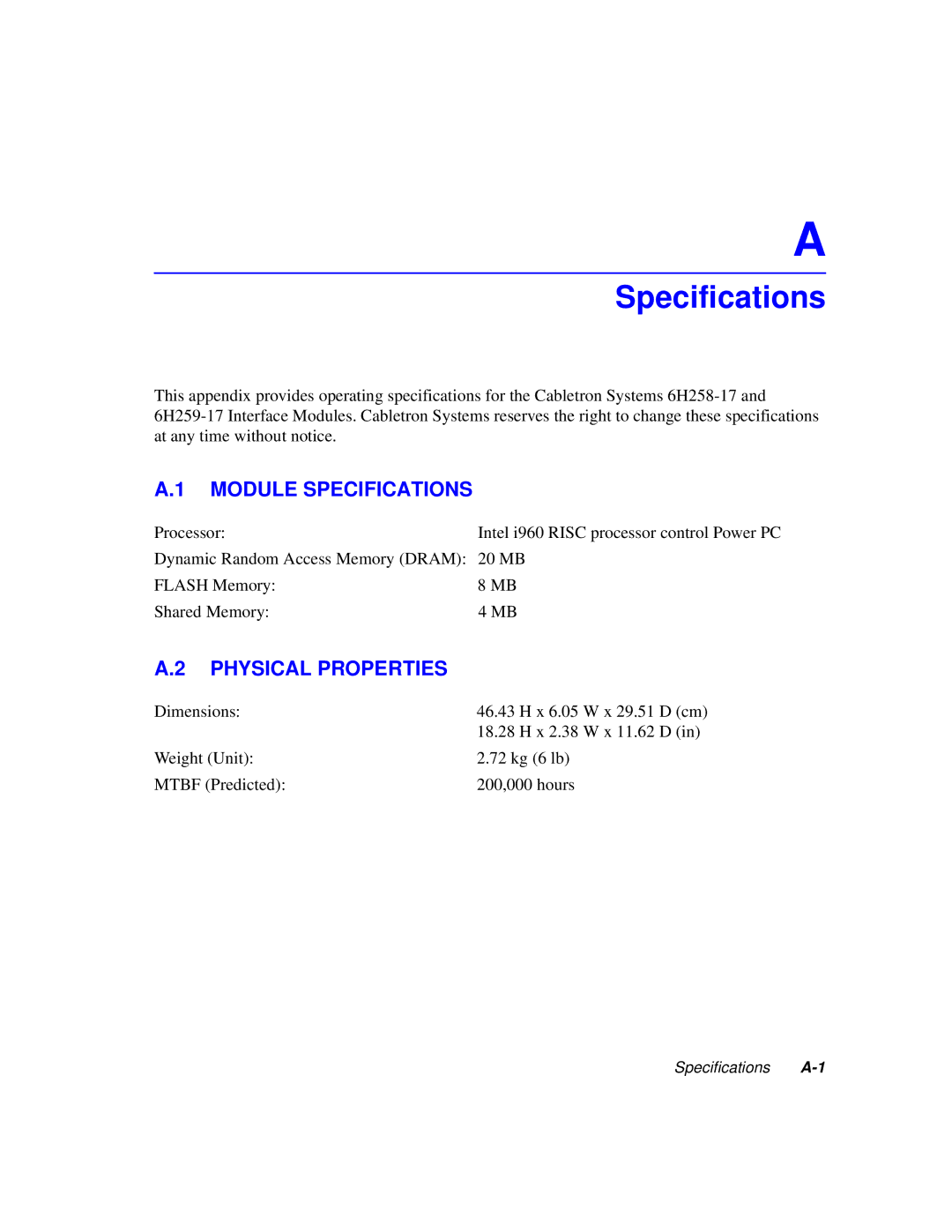 Cabletron Systems 6H258-17, 6H259-17 manual Module Specifications, Physical Properties 