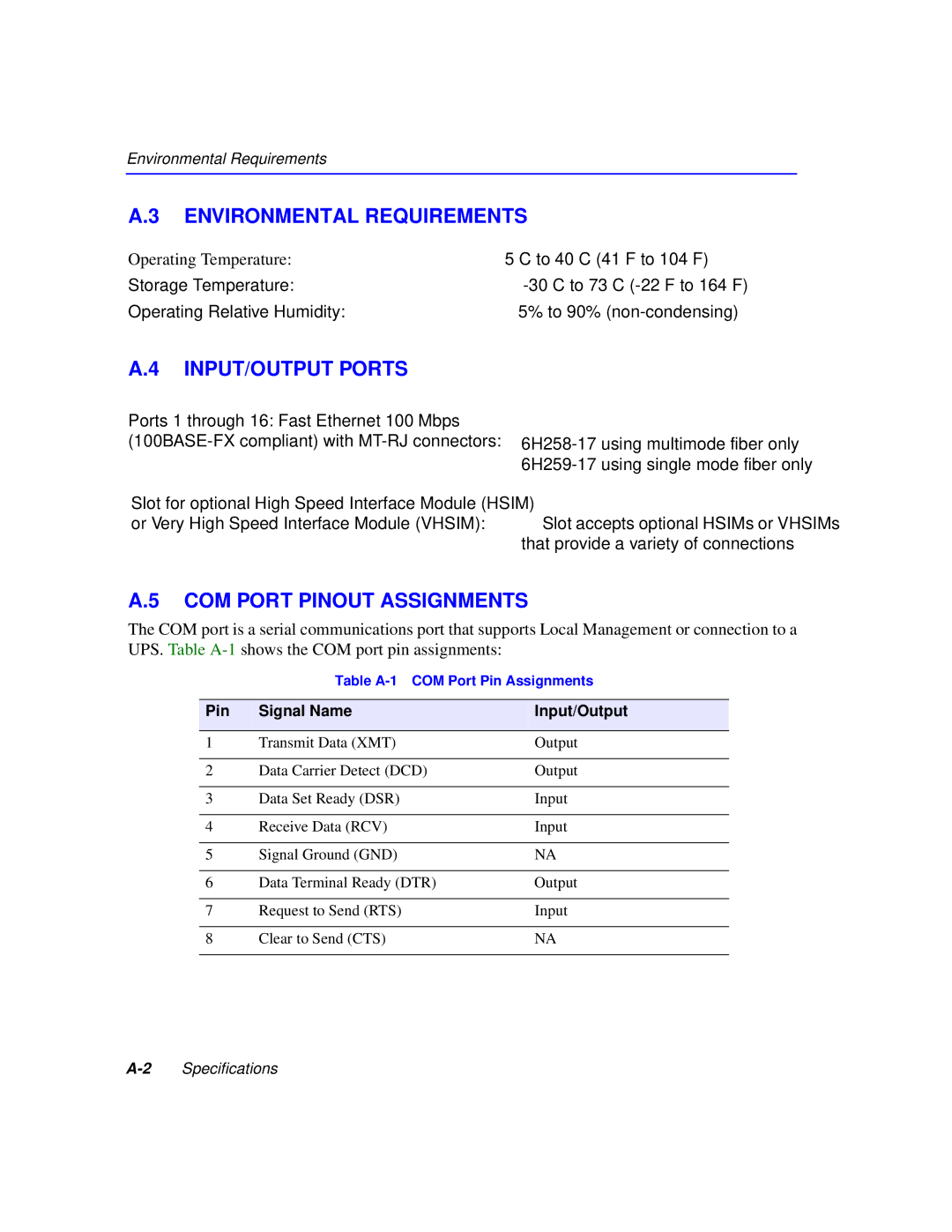 Cabletron Systems 6H259-17, 6H258-17 manual Environmental Requirements, INPUT/OUTPUT Ports, COM Port Pinout Assignments 