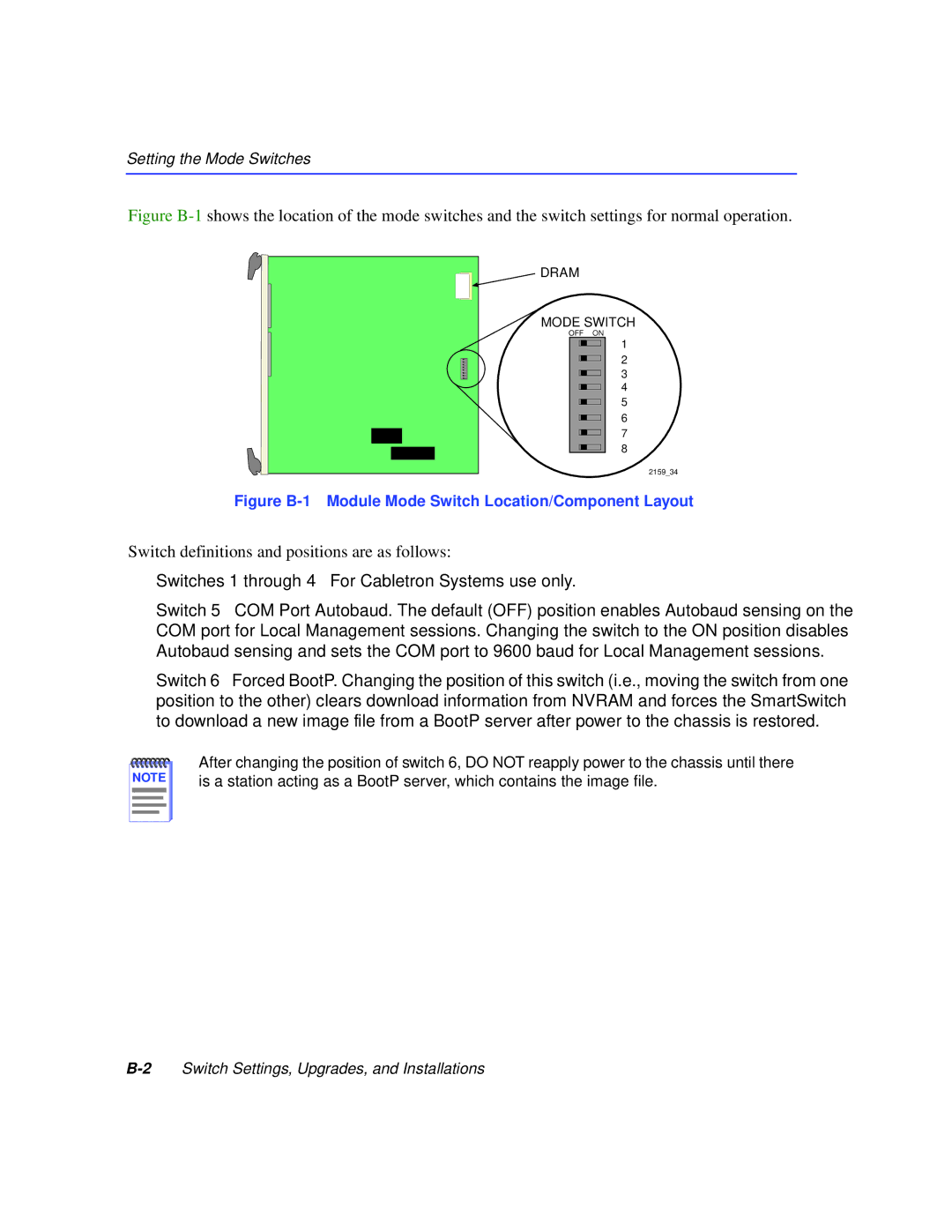 Cabletron Systems 6H259-17, 6H258-17 manual Figure B-1 Module Mode Switch Location/Component Layout 