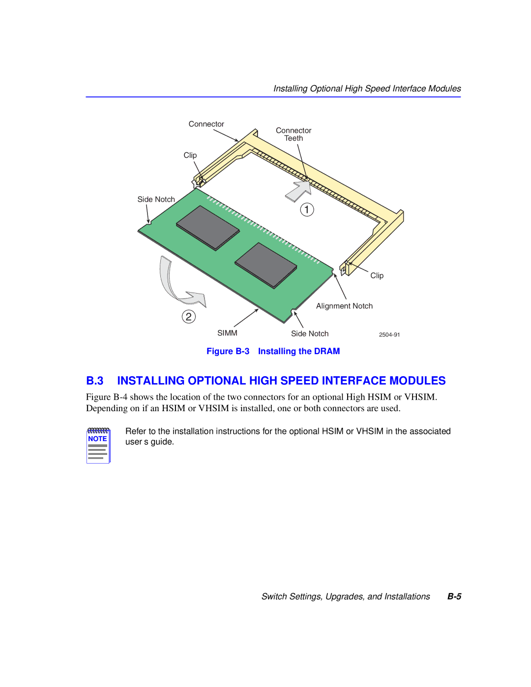 Cabletron Systems 6H258-17, 6H259-17 manual Installing Optional High Speed Interface Modules, Figure B-3 Installing the Dram 