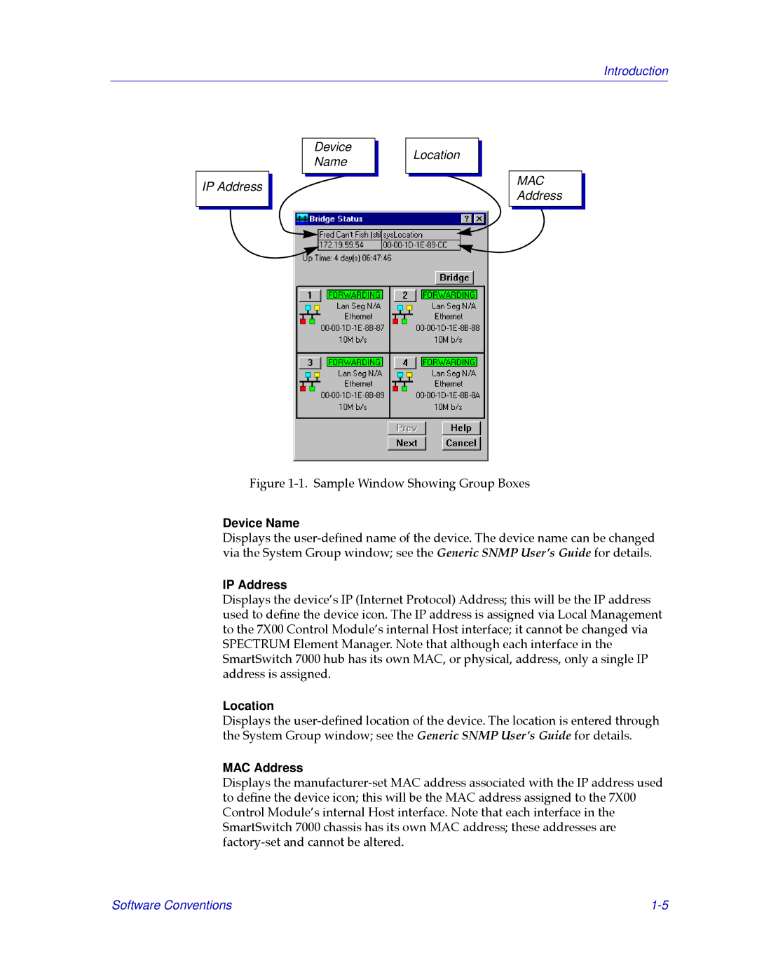 Cabletron Systems 7000 manual Device Name, IP Address, Location, MAC Address 