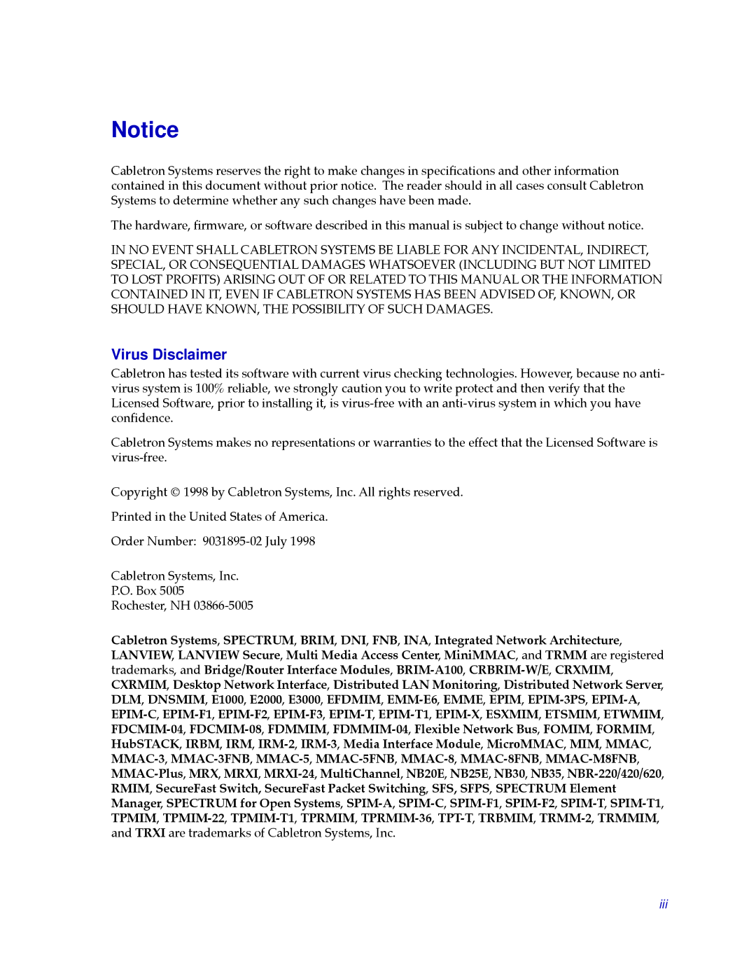 Cabletron Systems 7000 manual Virus Disclaimer 