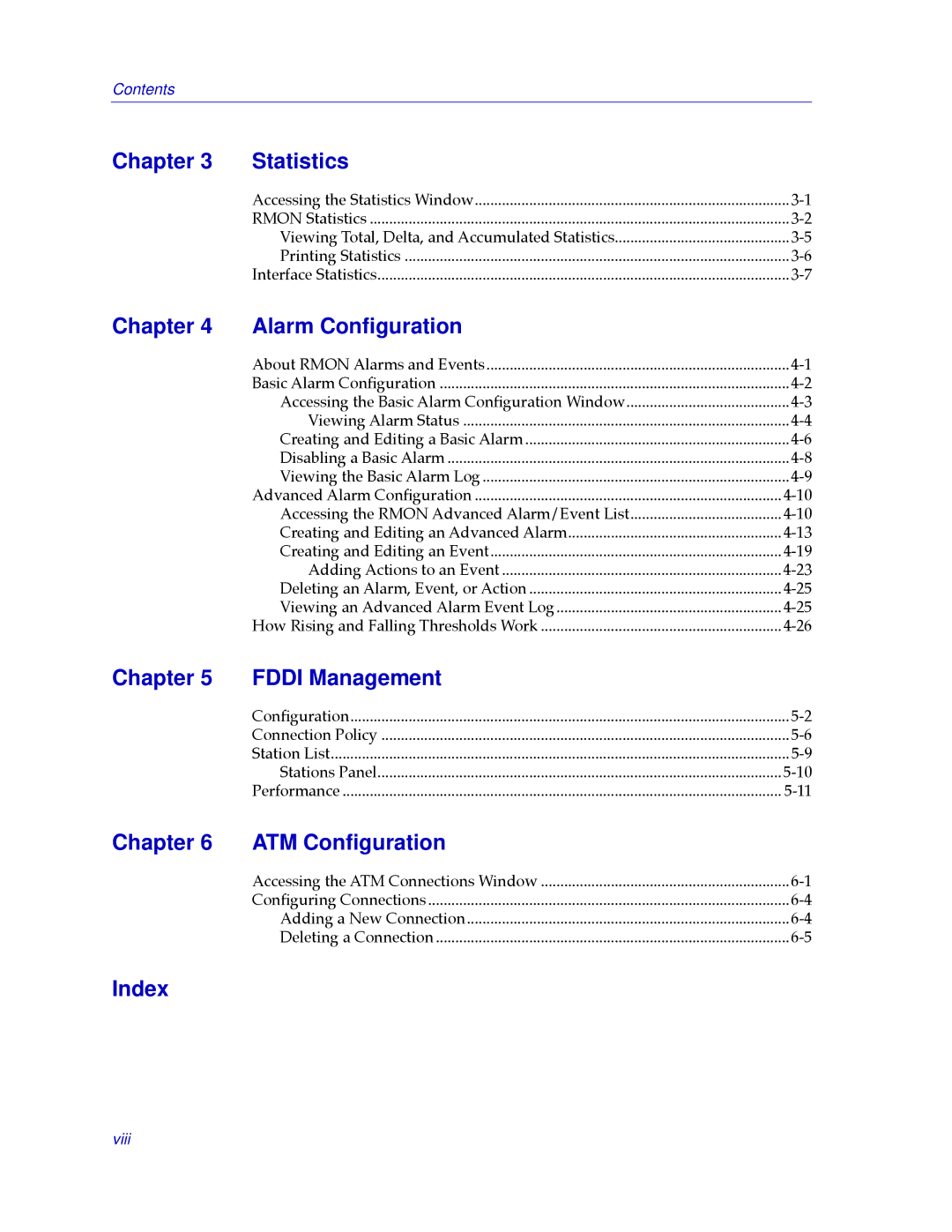 Cabletron Systems 7000 manual Chapter Alarm Conﬁguration, Chapter Fddi Management, Chapter ATM Conﬁguration, Index 