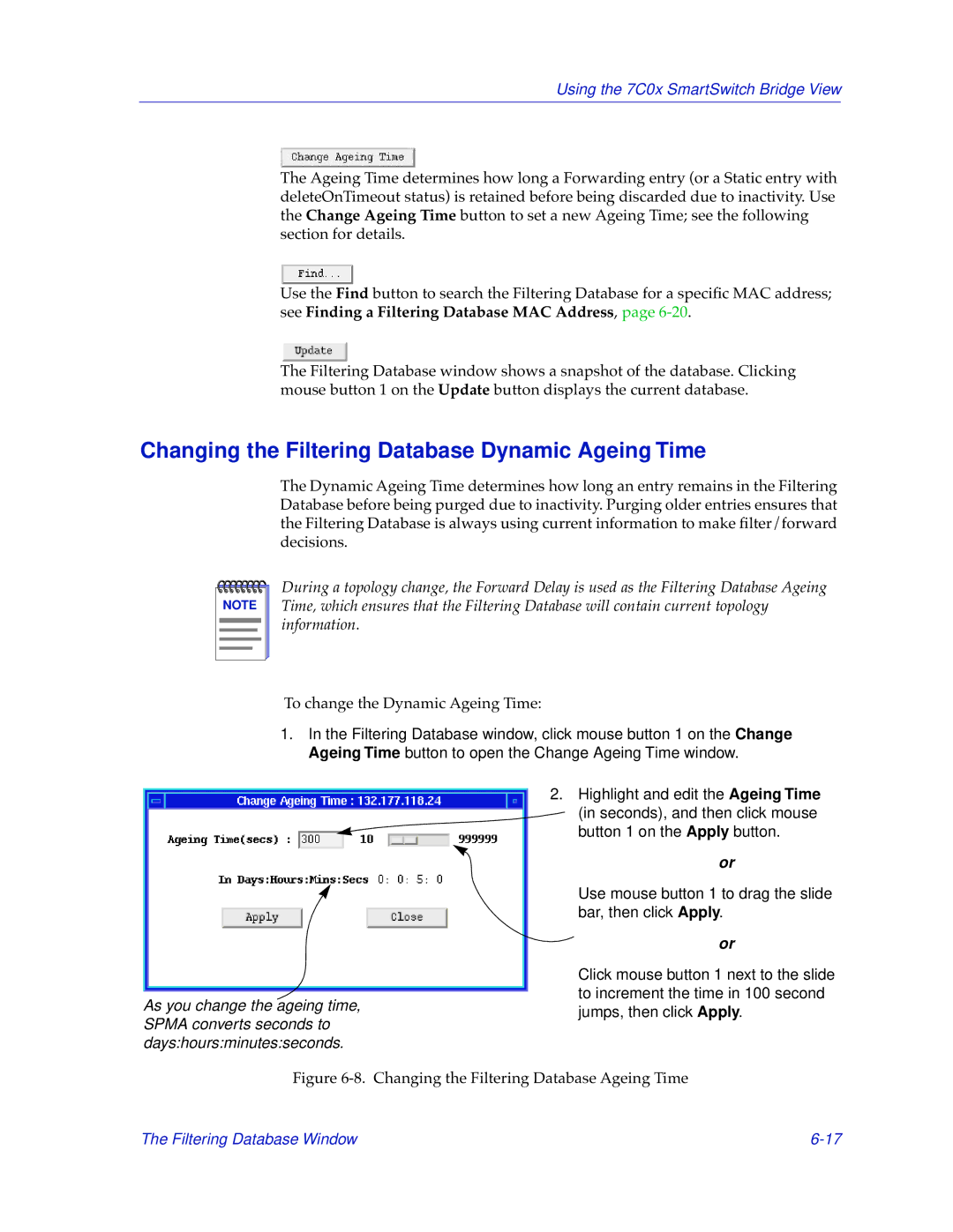 Cabletron Systems 7C03 Changing the Filtering Database Dynamic Ageing Time, Changing the Filtering Database Ageing Time 