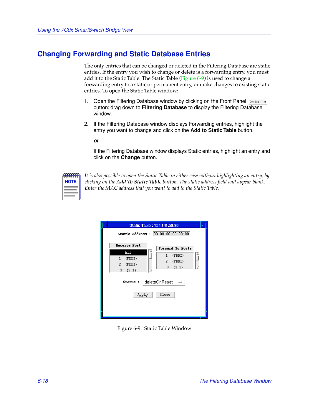 Cabletron Systems 7C04-R, 7C03 manual Changing Forwarding and Static Database Entries, Static Table Window 