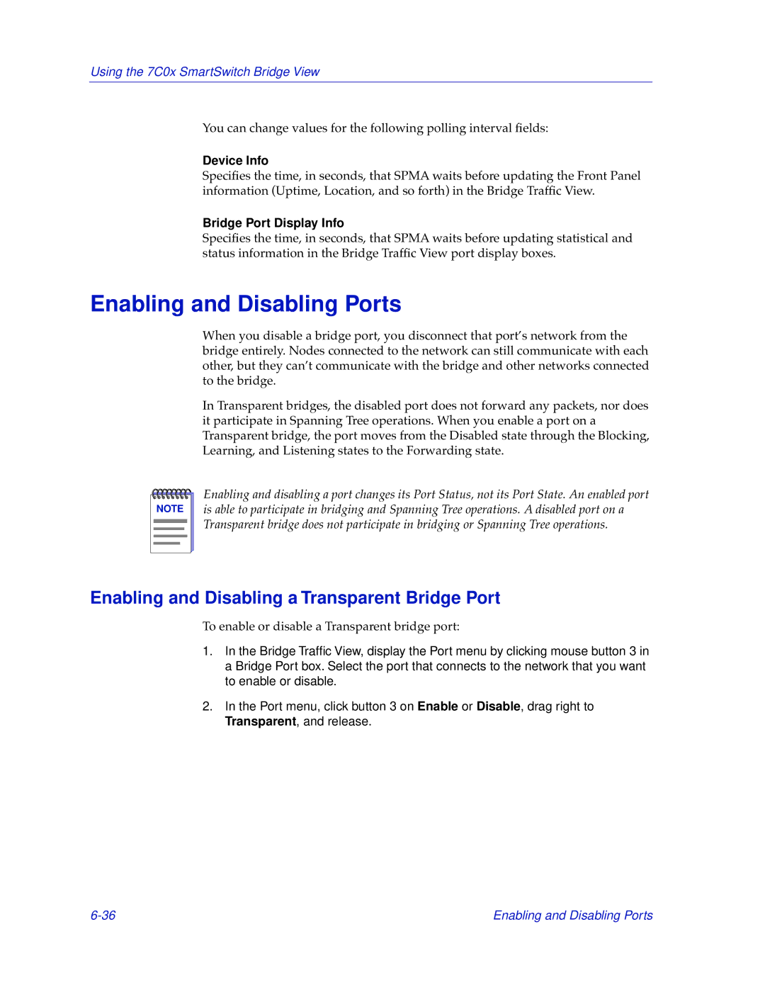 Cabletron Systems 7C04-R Enabling and Disabling Ports, Enabling and Disabling a Transparent Bridge Port, Device Info 