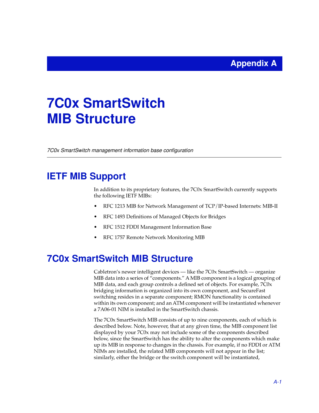 Cabletron Systems 7C04-R, 7C03 manual Ietf MIB Support, 7C0x SmartSwitch MIB Structure 