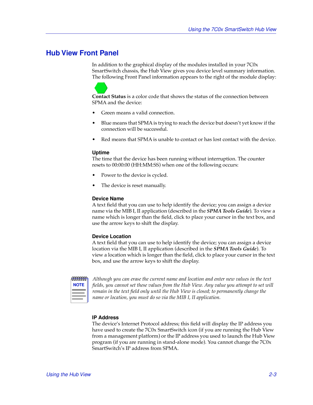 Cabletron Systems 7C04-R, 7C03 manual Hub View Front Panel, Uptime, Device Name, Device Location, IP Address 