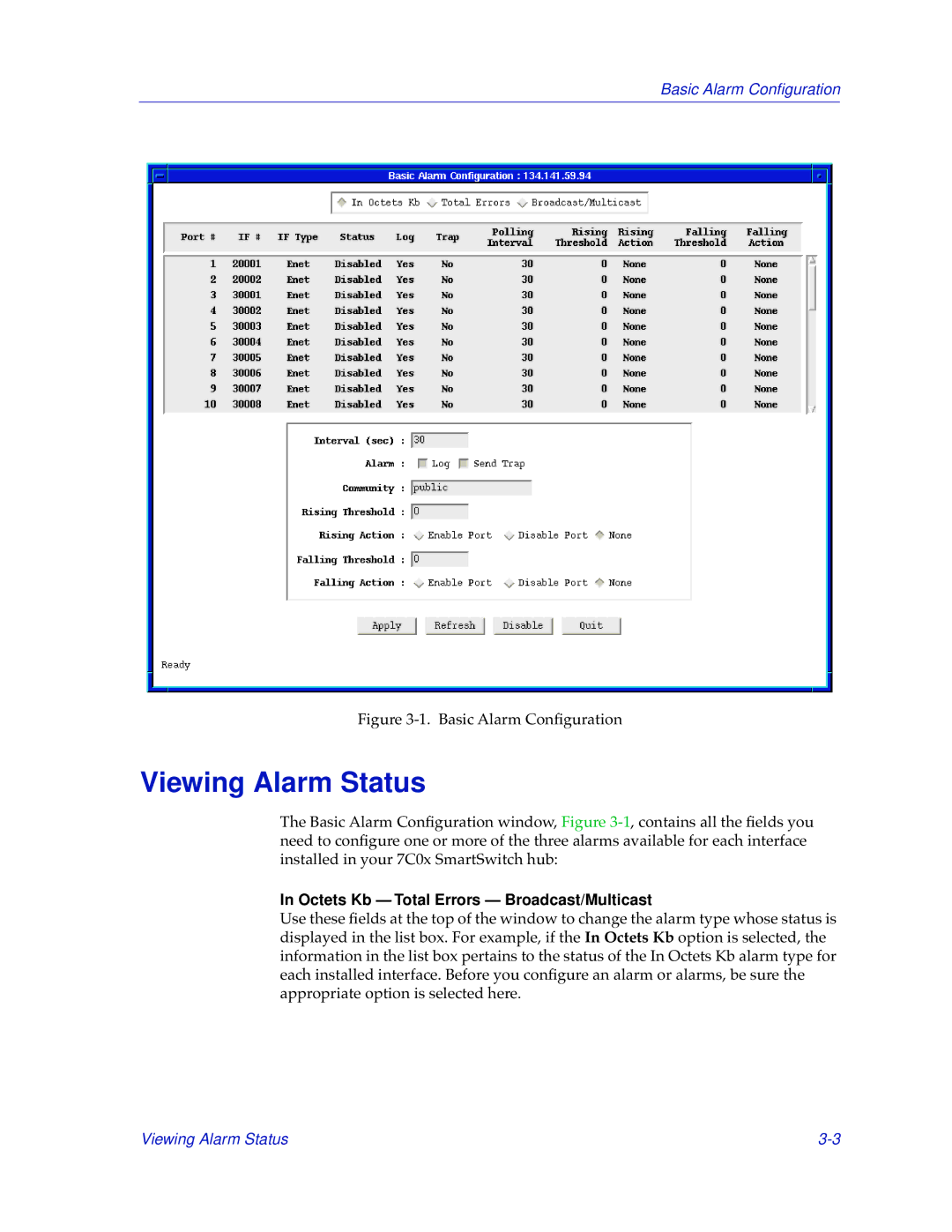 Cabletron Systems 7C03, 7C04-R manual Viewing Alarm Status, Octets Kb Total Errors Broadcast/Multicast 