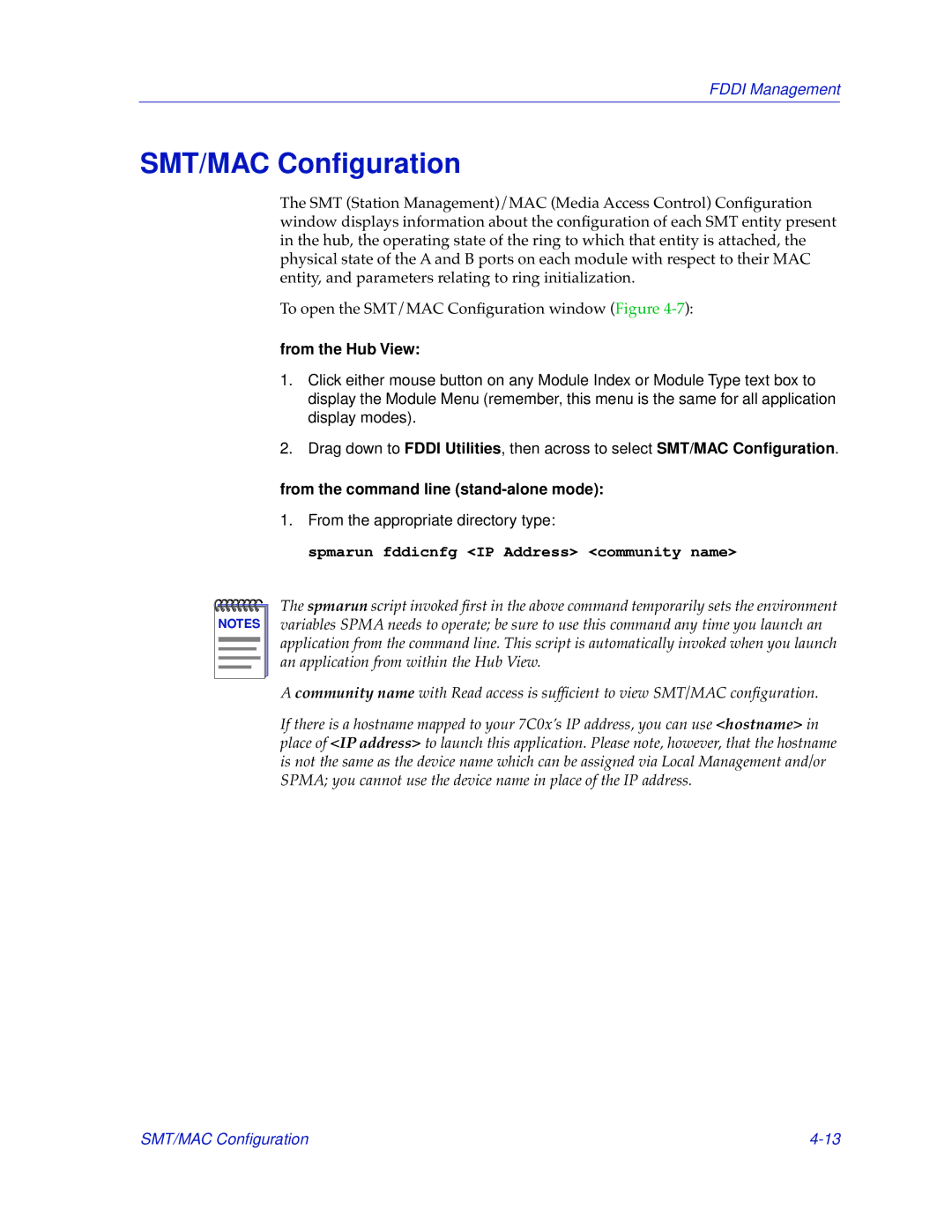 Cabletron Systems 7C04-R, 7C03 manual SMT/MAC Conﬁguration, Spmarun fddicnfg IP Address community name 