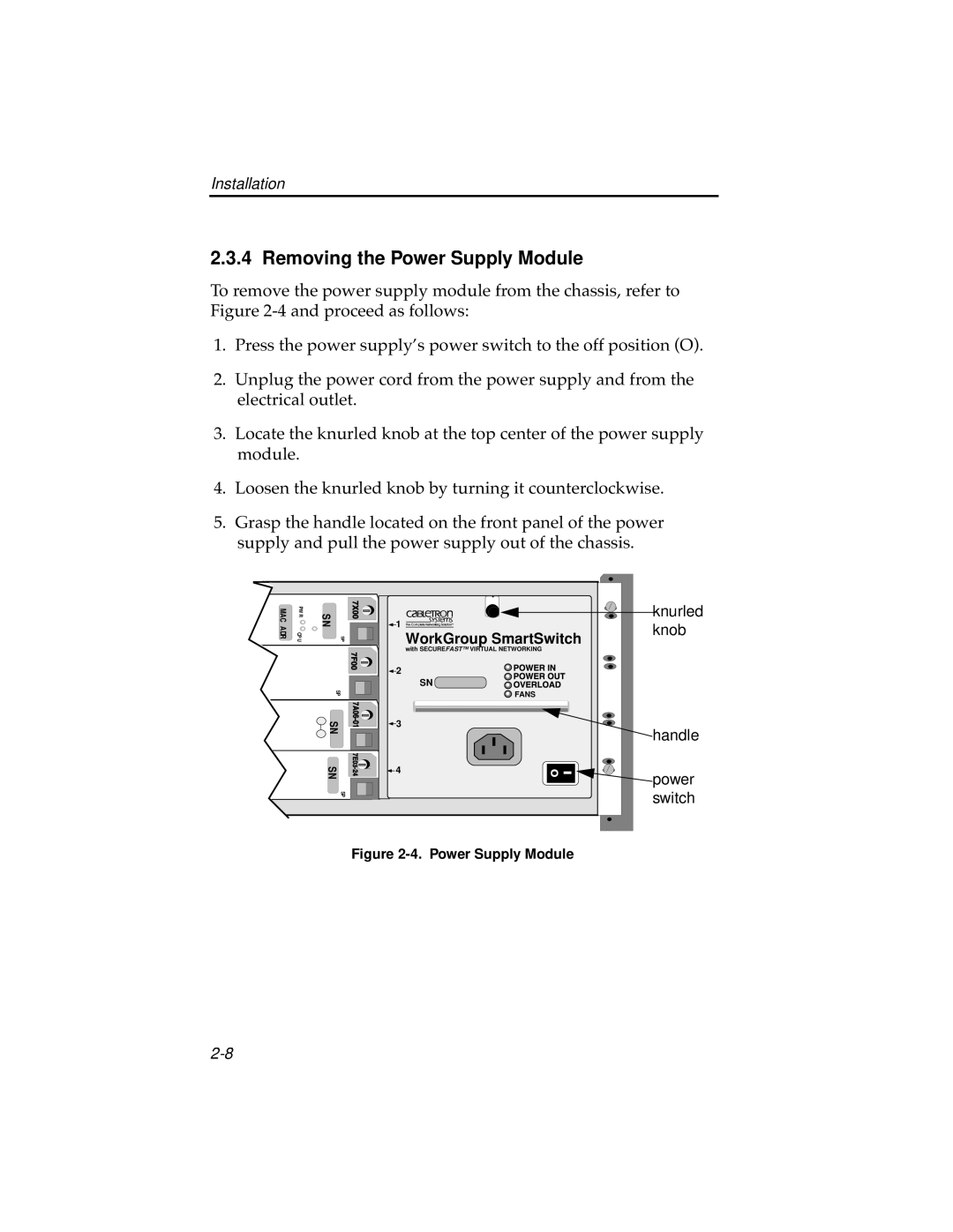 Cabletron Systems 7C04 Workgroup manual Removing the Power Supply Module 