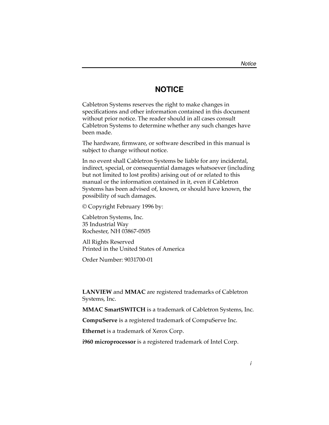 Cabletron Systems 7C04 Workgroup manual Copyright February 1996 by Cabletron Systems, Inc 35 Industrial Way 