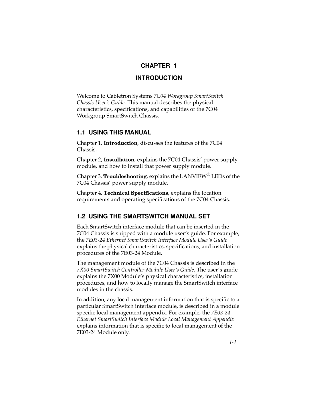 Cabletron Systems 7C04 Workgroup manual Chapter Introduction, Using This Manual, Using The Smartswitch Manual Set 
