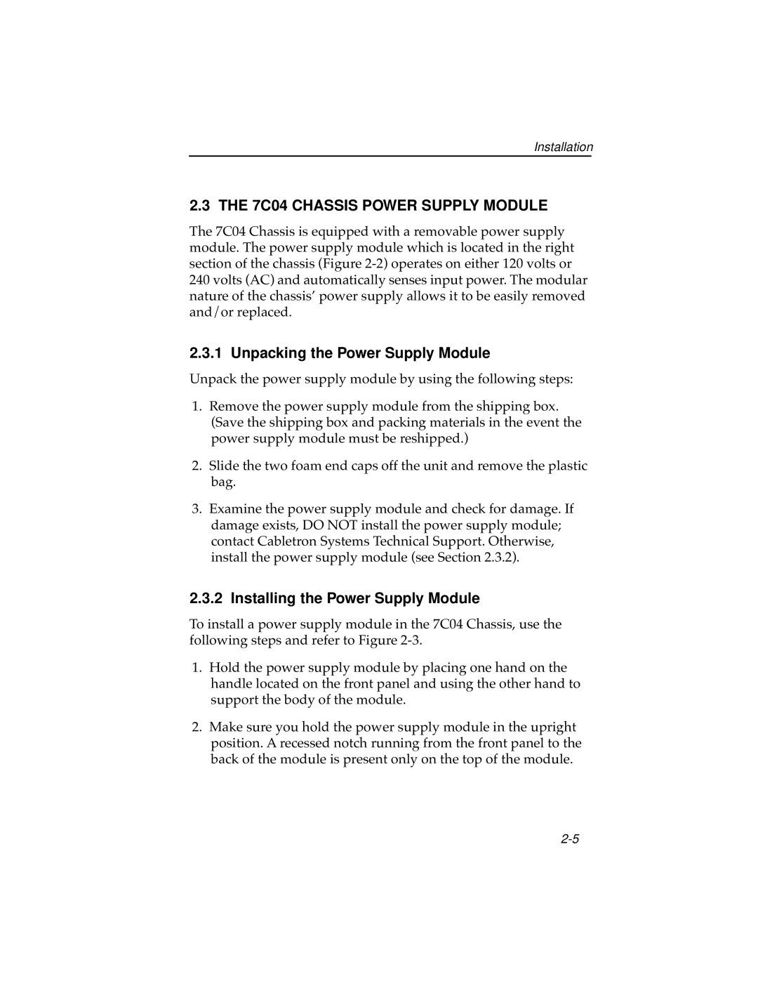 Cabletron Systems 7C04 Workgroup manual 7C04 Chassis Power Supply Module, Unpacking the Power Supply Module 