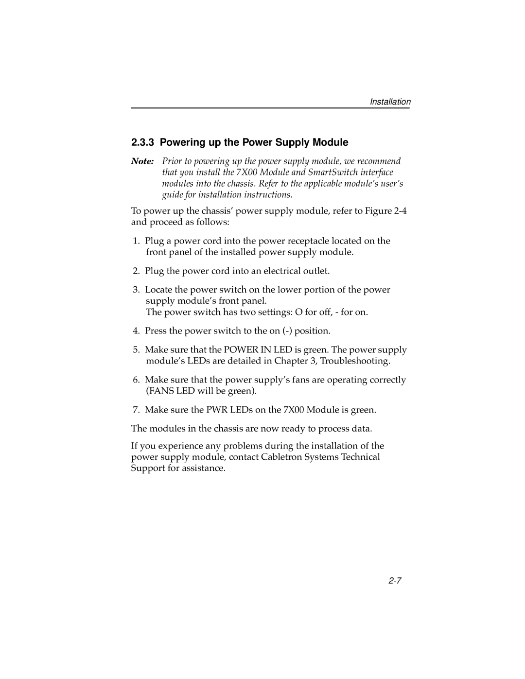 Cabletron Systems 7C04 Workgroup manual Powering up the Power Supply Module 